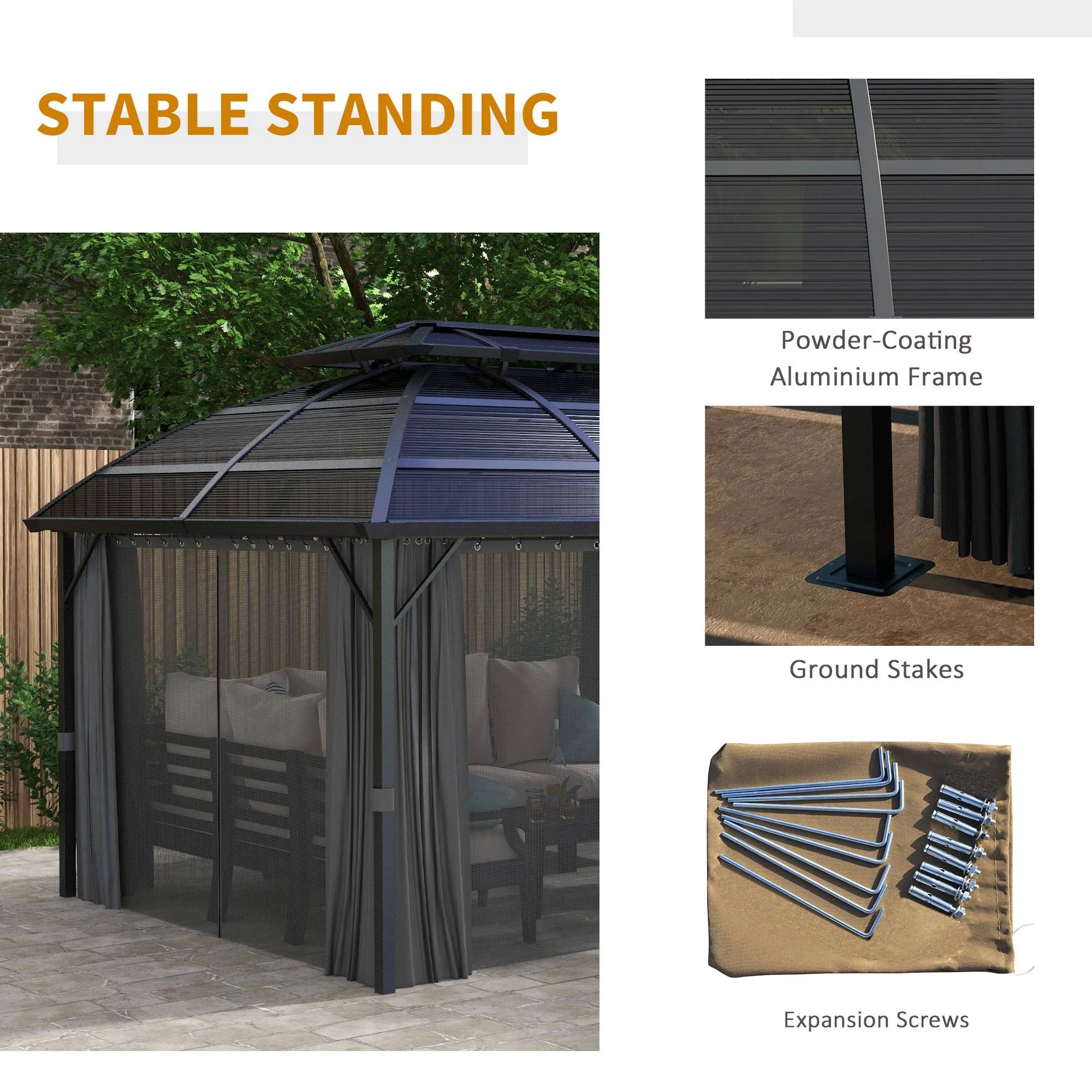 4 x 3m Polycarbonate Gazebo with Aluminium Frame & Double Roof, for Yard, Patio, Black - Image 9