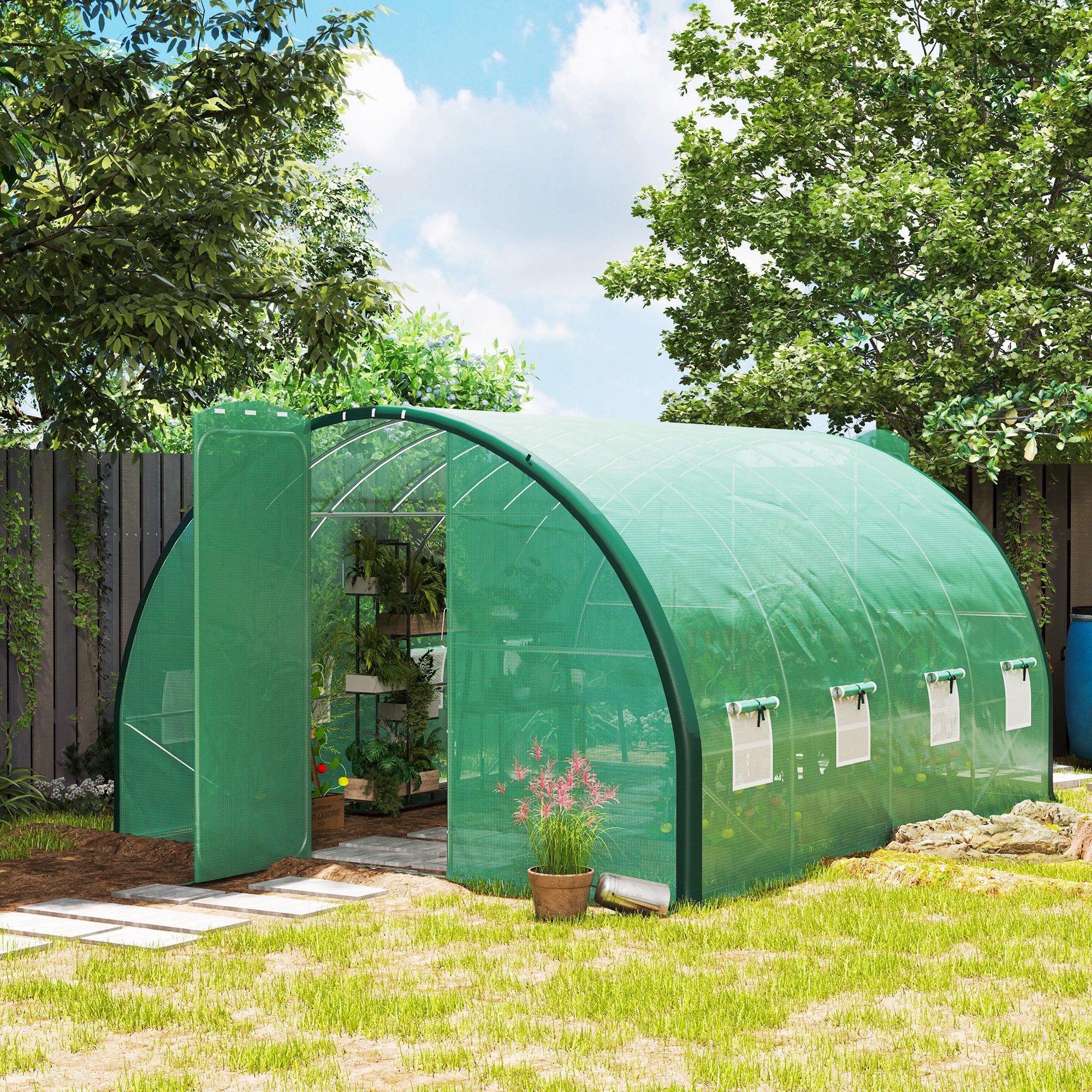 4 x 3m Walk-in Polytunnel Greenhouse with 2 Hinged Doors & 8 Mesh Windows, Green - Image 3