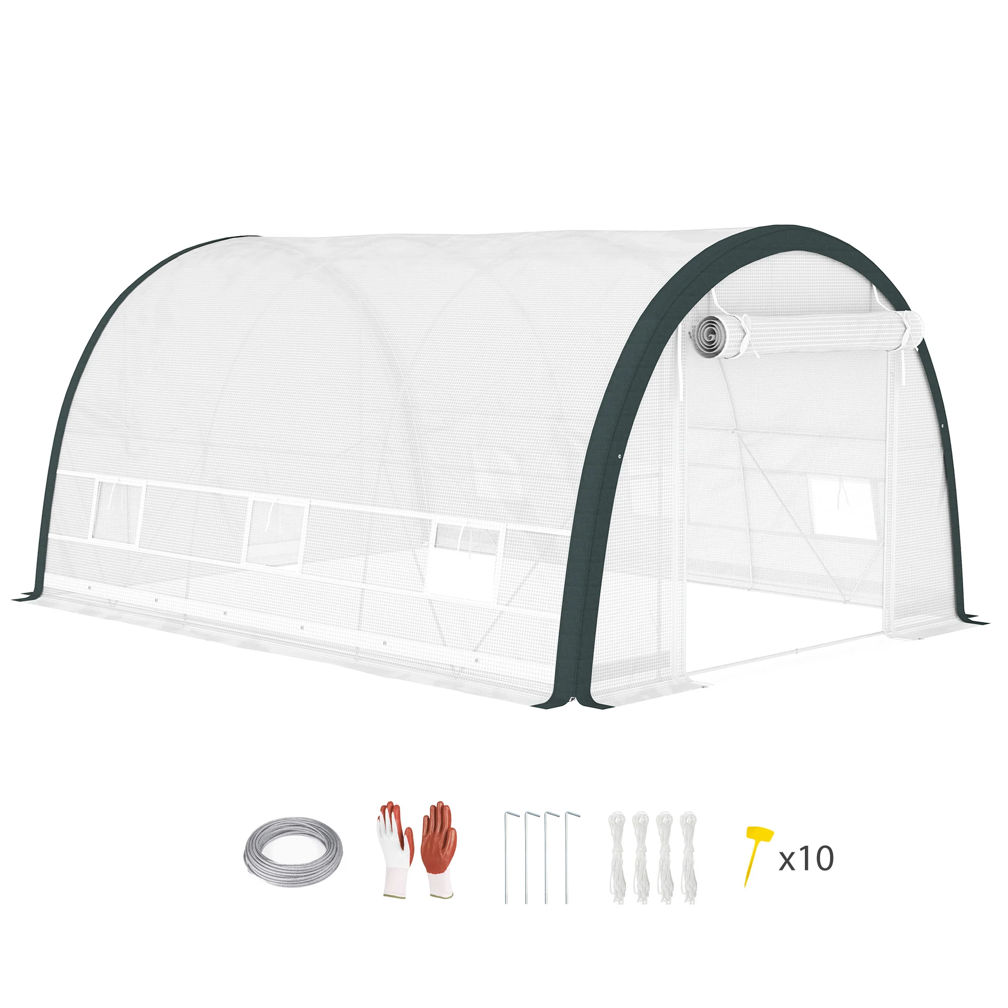4 x 3m Walk-in Polytunnel Greenhouse with Upgraded Structure & 6 Mesh Windows, White