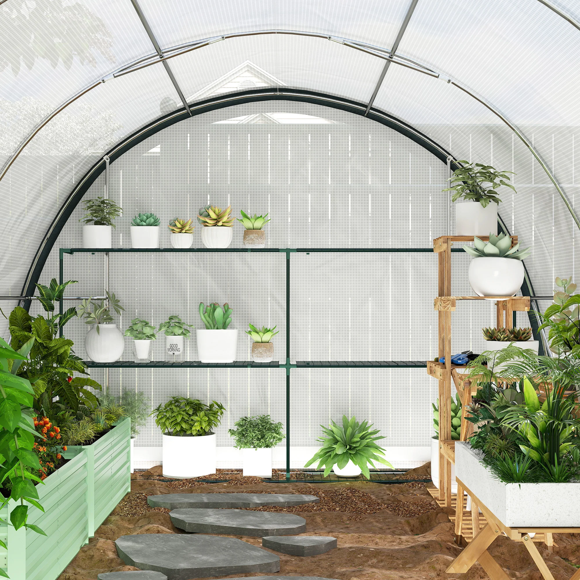 4 x 3m Walk-in Polytunnel Greenhouse with Upgraded Structure & 6 Mesh Windows, White - Image 11