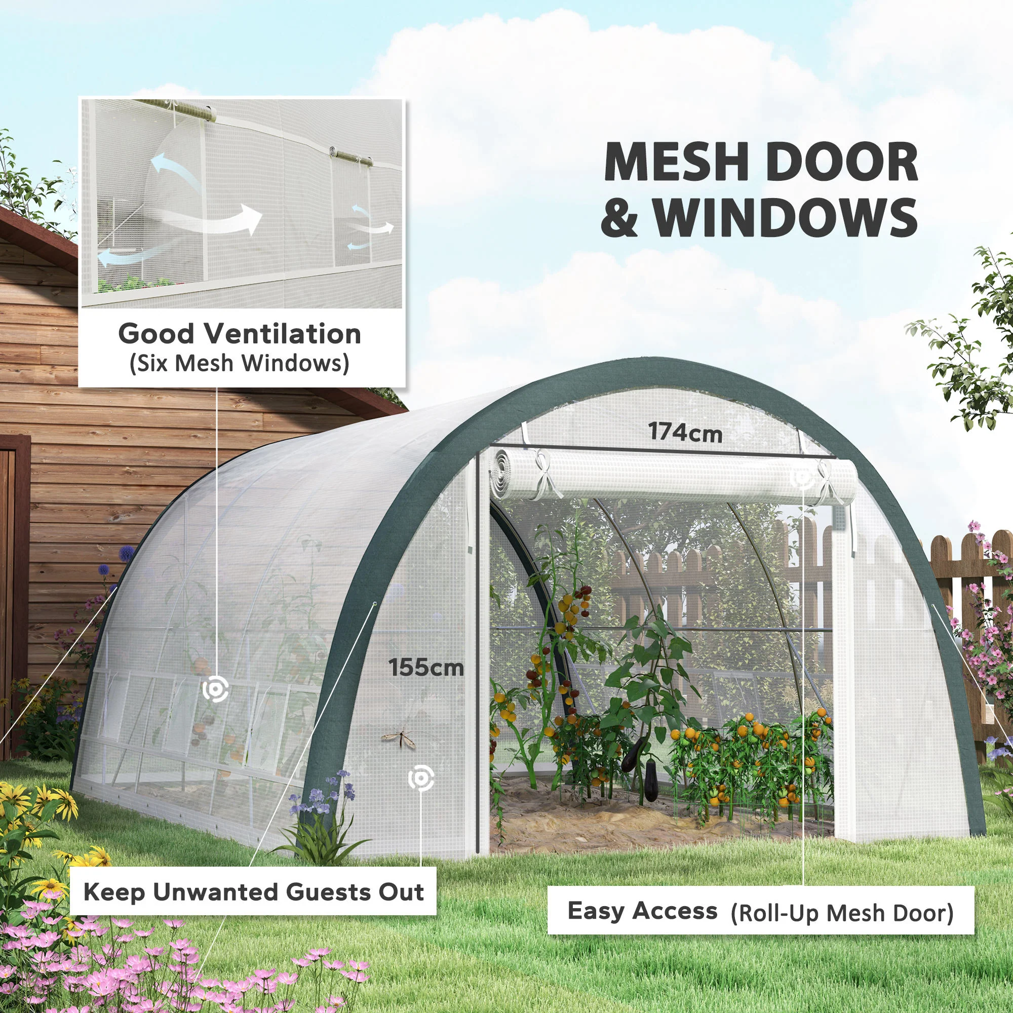 4 x 3m Walk-in Polytunnel Greenhouse with Upgraded Structure & 6 Mesh Windows, White - Image 7