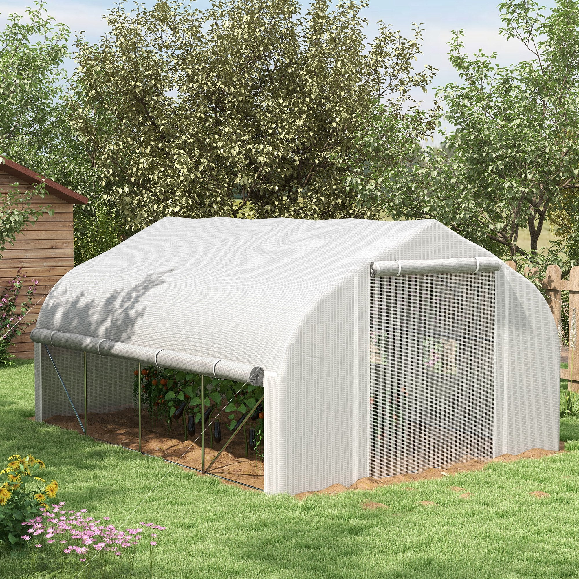 4 x 3m Walk-in Polytunnel Greenhouse w/ Zipped Roll Up Sidewalls & 8 Mesh Windows, White - Image 3