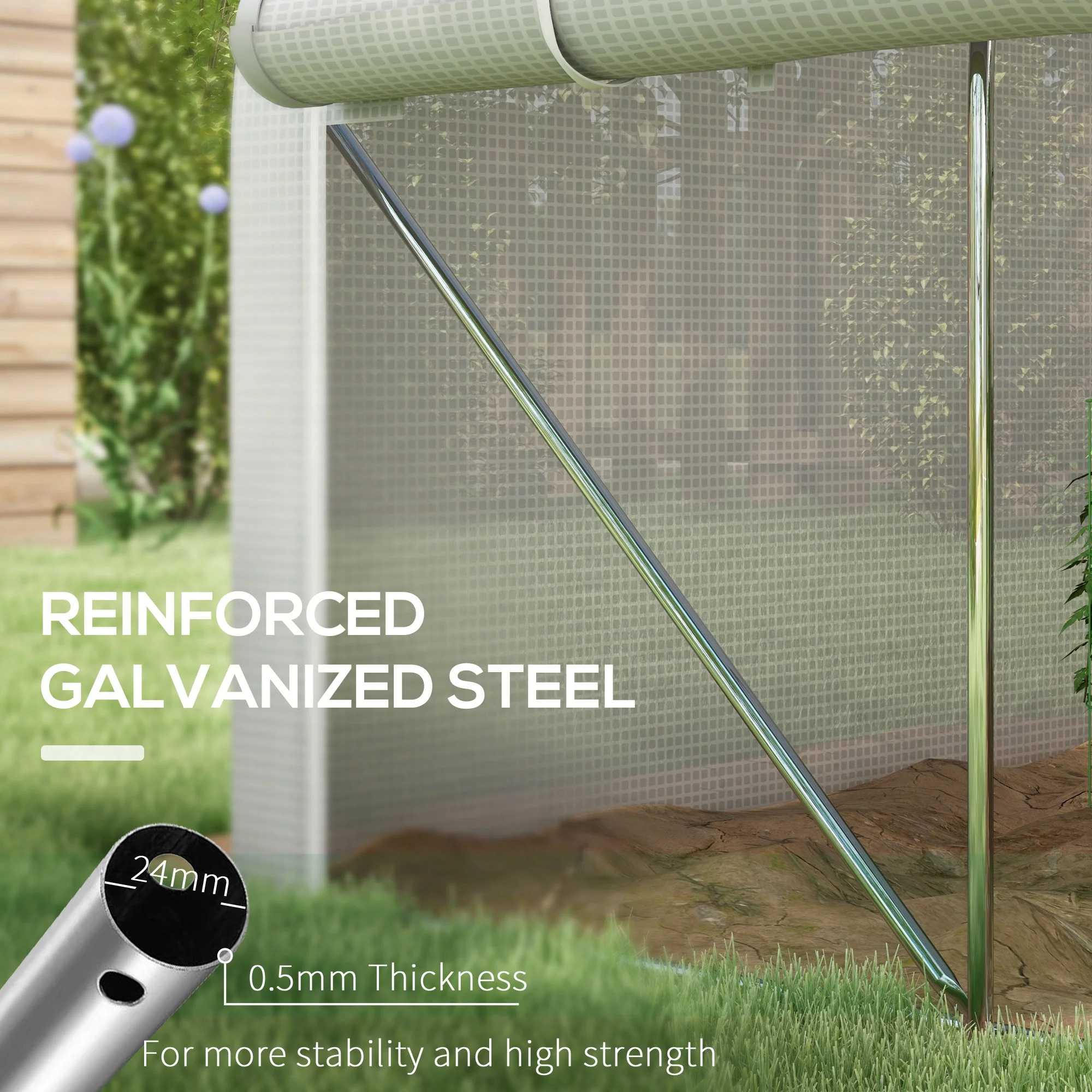 4 x 3m Walk-in Polytunnel Greenhouse w/ Zipped Roll Up Sidewalls & 8 Mesh Windows, White - Image 8