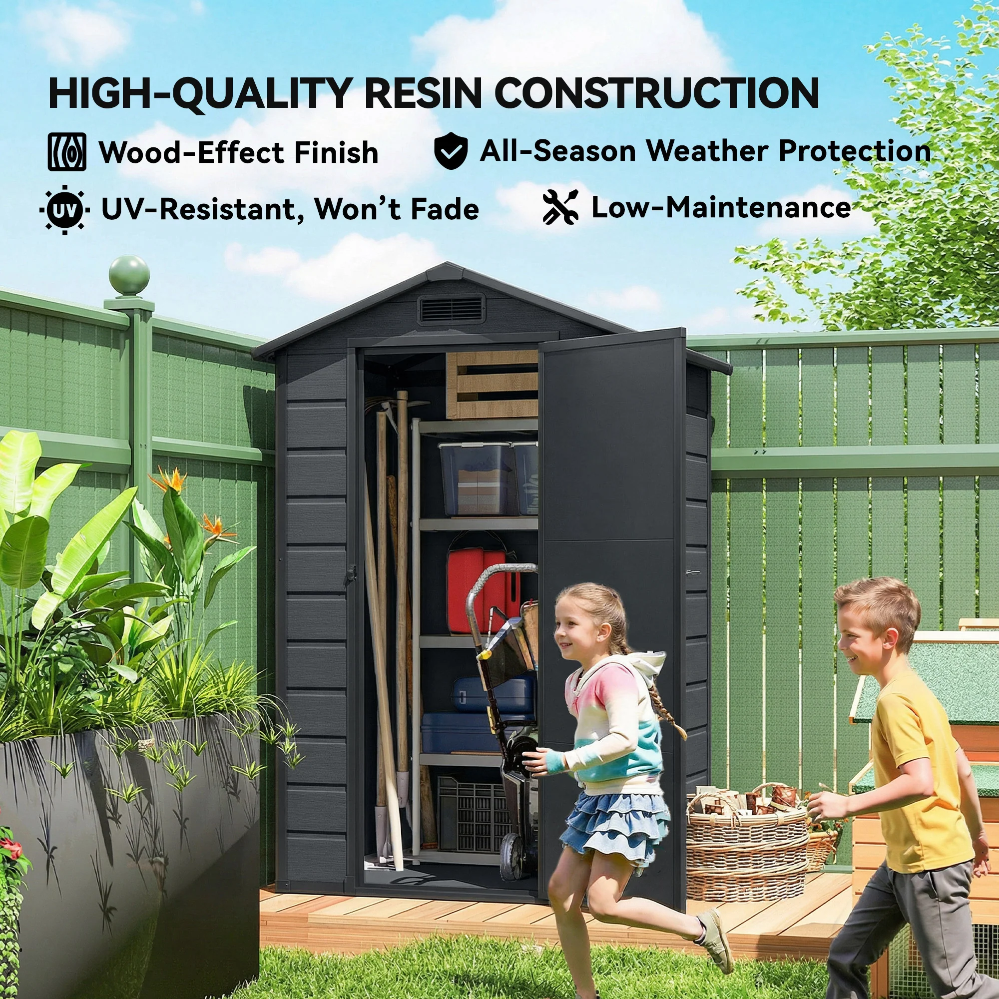 4' x 3' Plastic Garden Shed with Floor, Window and Vent, Dark Grey - Image 10