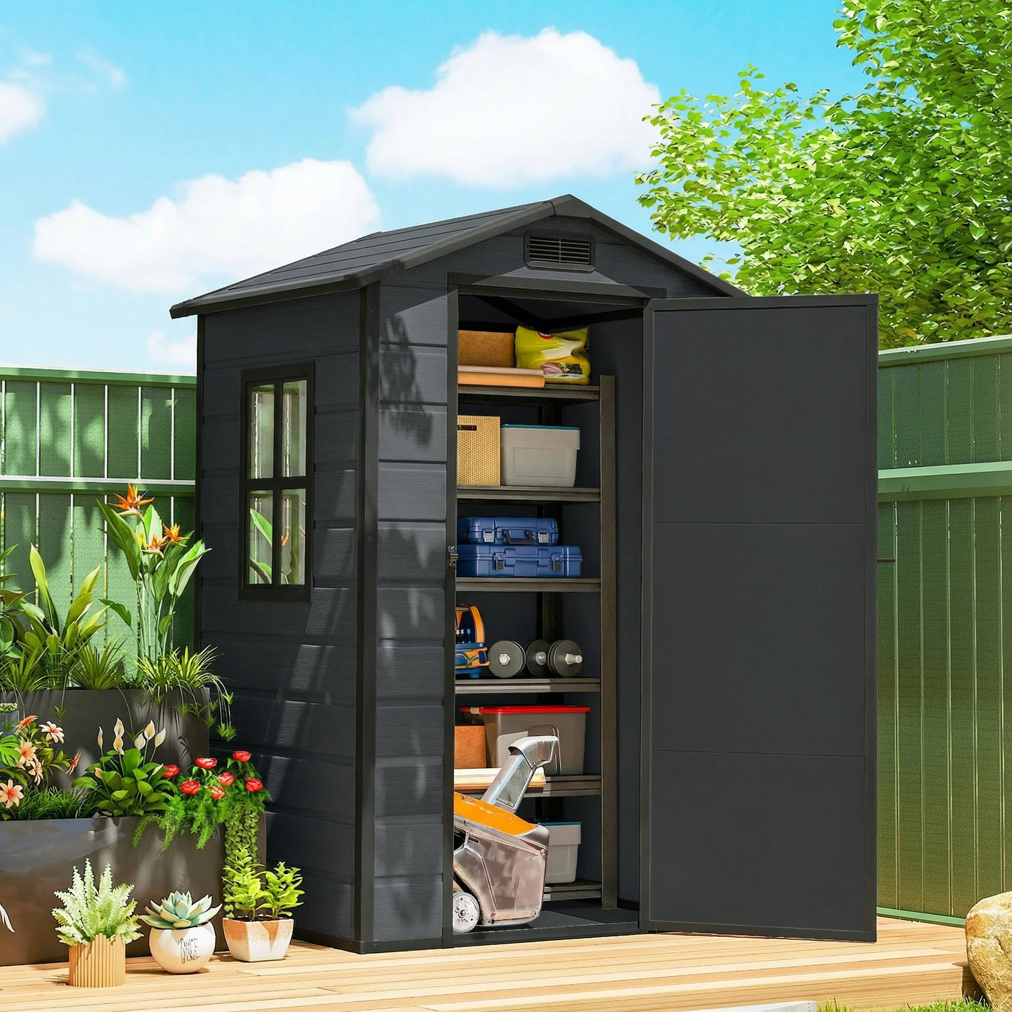 4' x 3' Plastic Garden Shed with Floor, Window and Vent, Dark Grey - Image 3