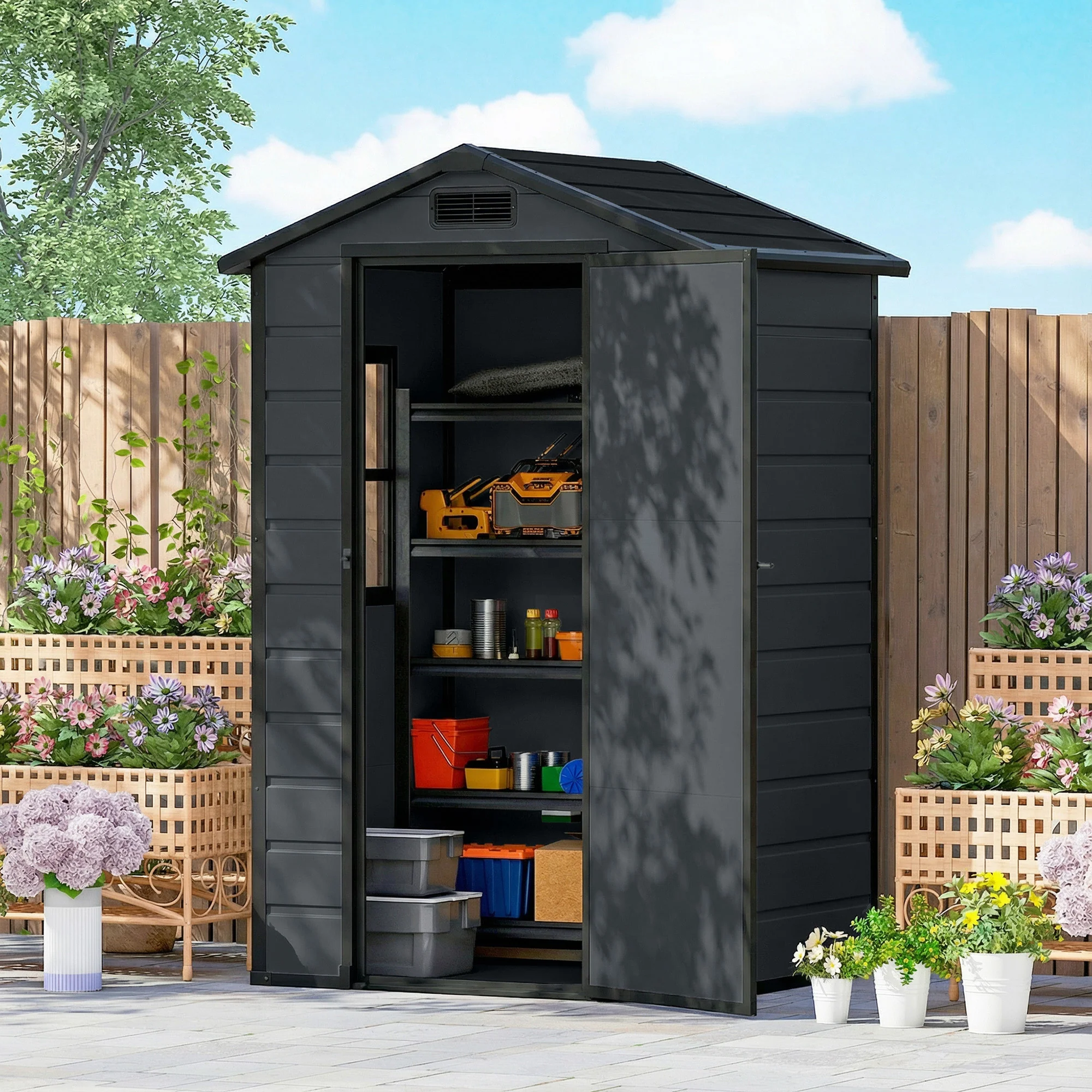 4' x 3' Plastic Garden Shed with Floor, Window and Vent, Dark Grey - Image 4