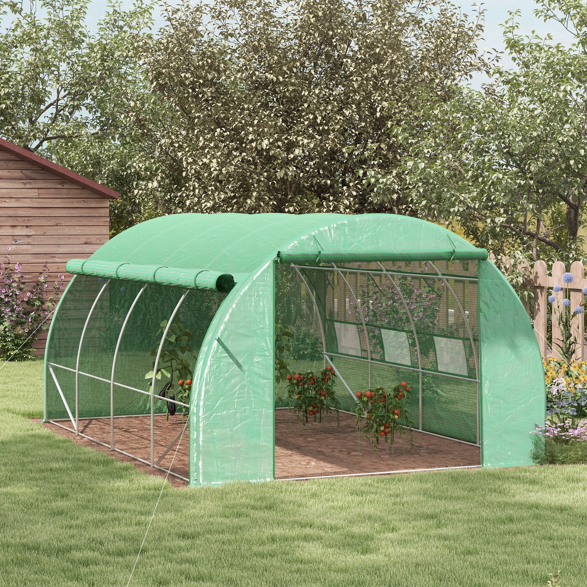 4 x 3 x 2m Polytunnel Greenhouse with Roll-up Side Walls, Reinforced Cover & 12 Mesh Windows, Green - Image 3