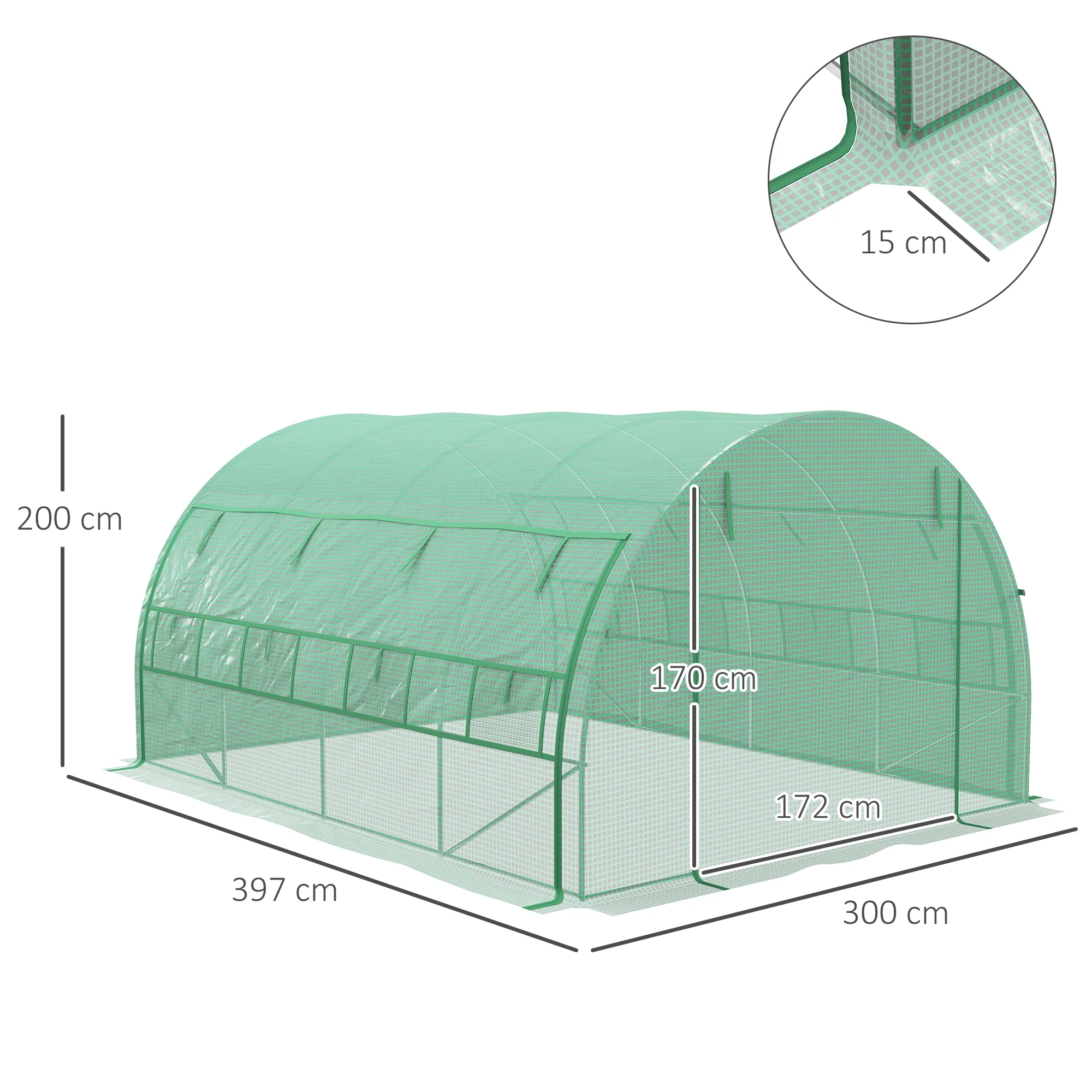 4 x 3 x 2m Polytunnel Greenhouse with Roll-up Side Walls, Reinforced Cover & 12 Mesh Windows, Green - Image 5
