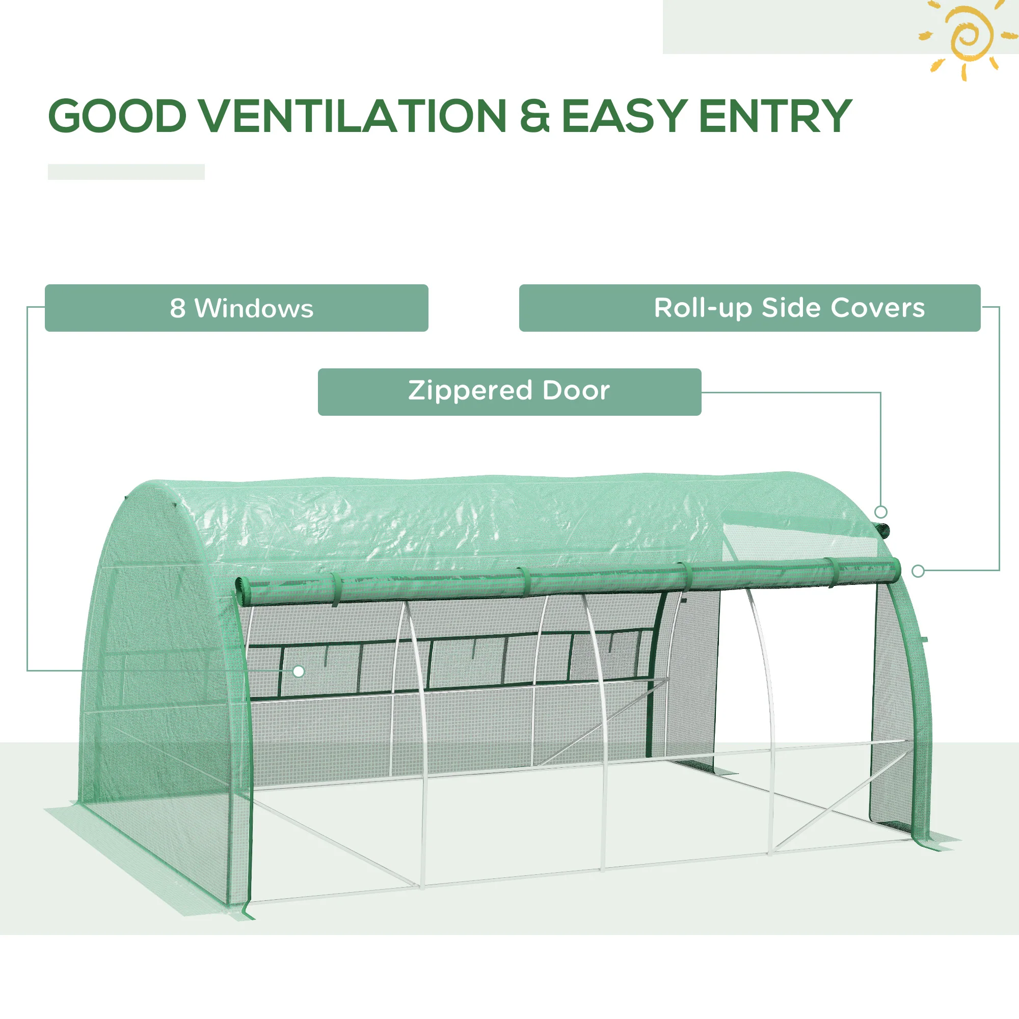 4 x 3 x 2m Polytunnel Greenhouse with Roll-up Side Walls, Reinforced Cover & 12 Mesh Windows, Green - Image 7