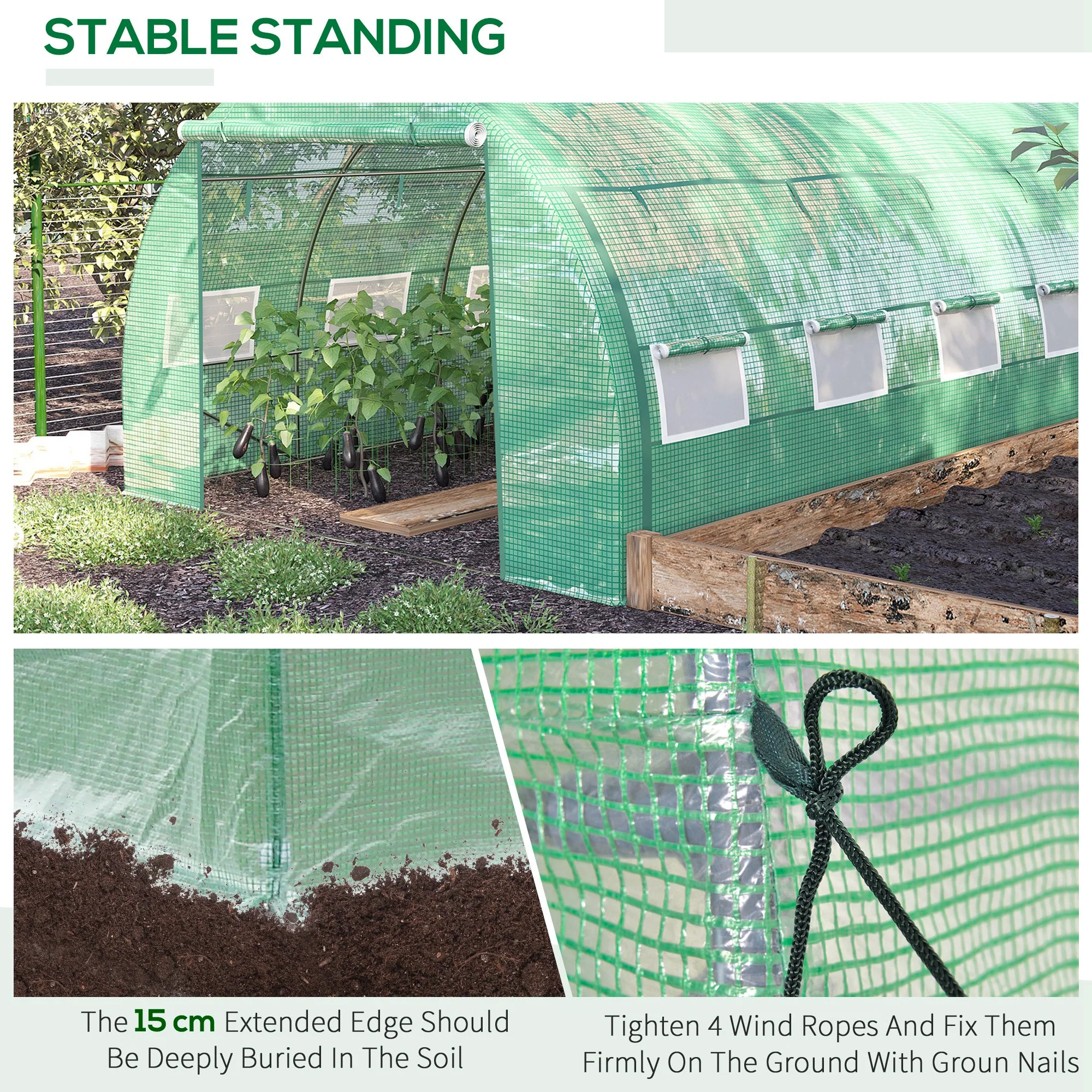 4 x 3 x 2m Polytunnel Greenhouse with Roll-up Side Walls, Reinforced Cover & 12 Mesh Windows, Green - Image 8