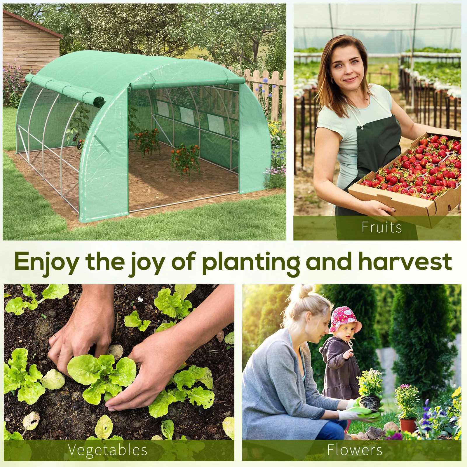 4 x 3 x 2m Polytunnel Greenhouse with Roll-up Side Walls, Reinforced Cover & 12 Mesh Windows, Green - Image 9