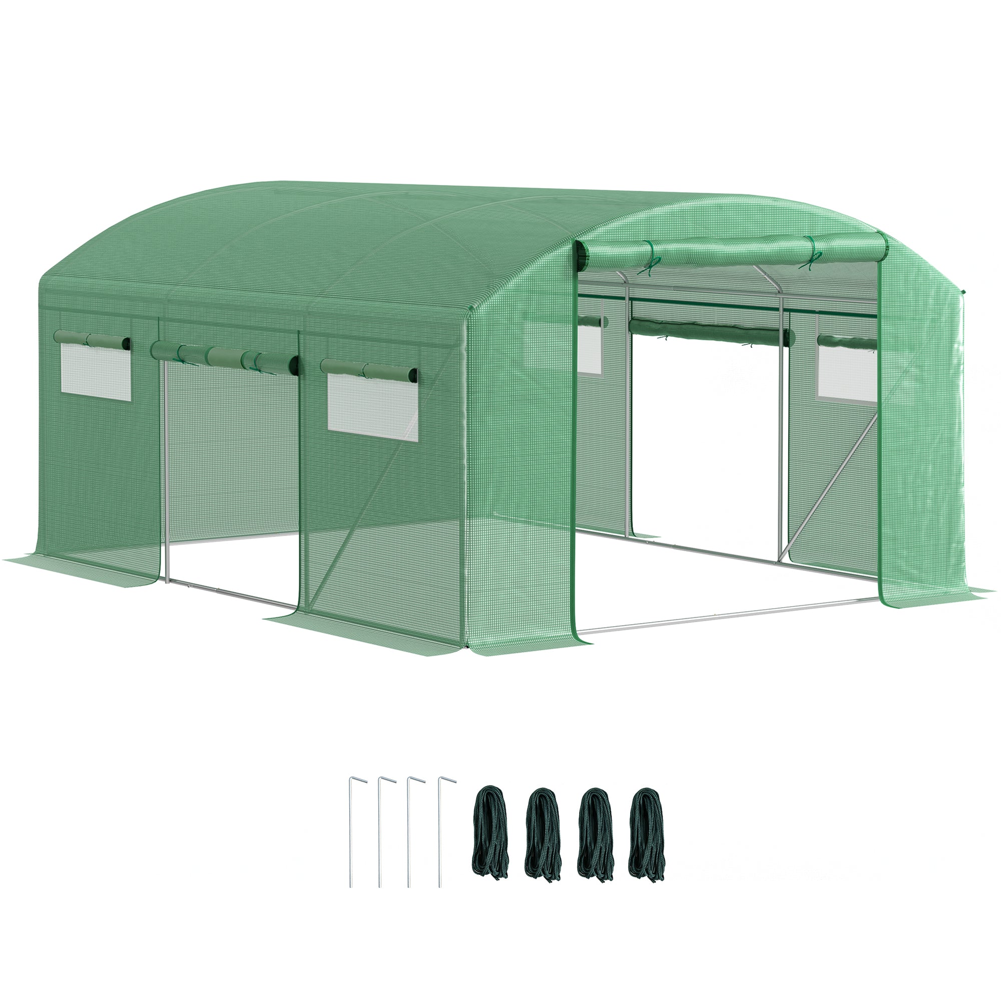 4 x 3 x 2m Polytunnel Greenhouse with 3 Roll-up Doors, Mesh Windows & Anti-UV PE Cover, Green