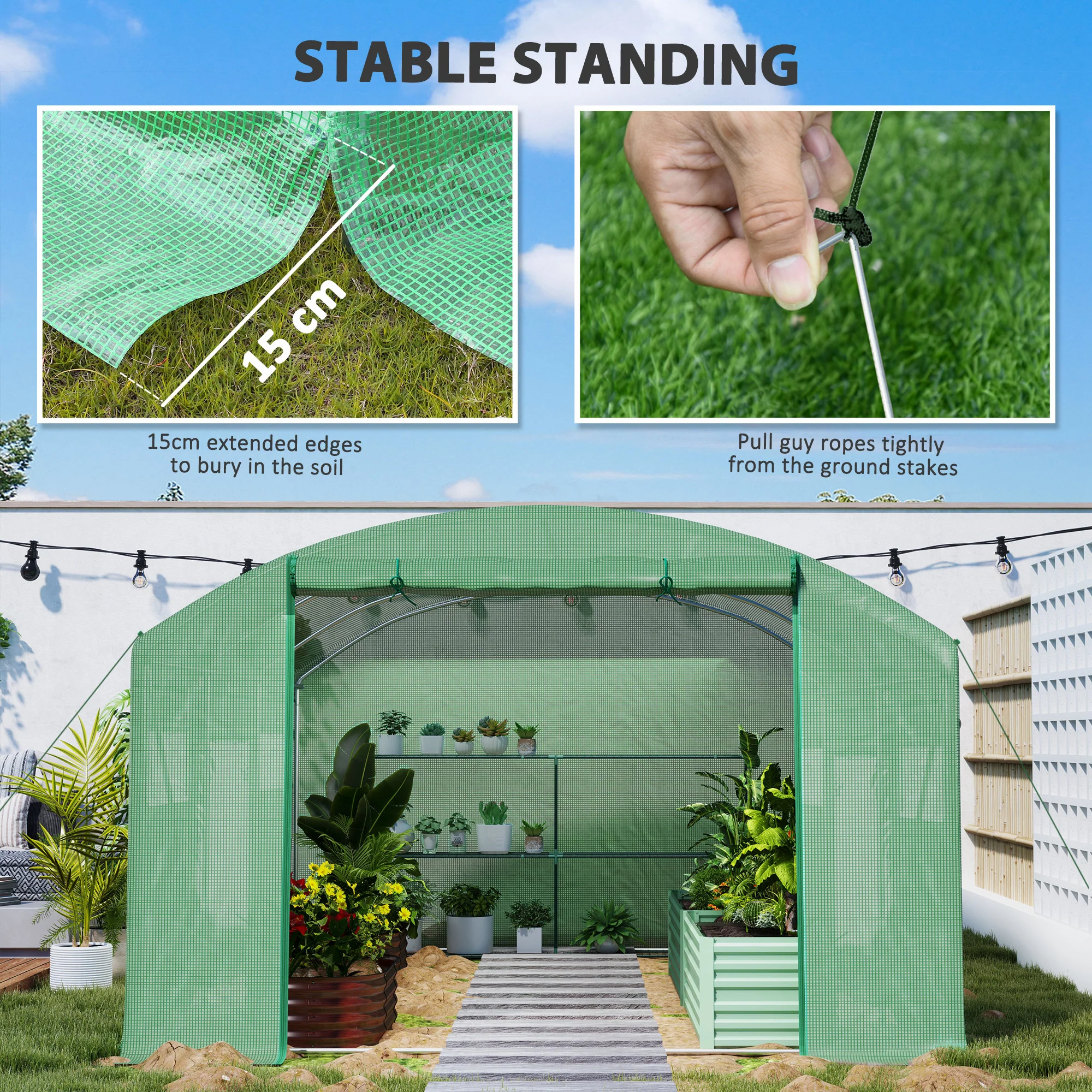 4 x 3 x 2m Polytunnel Greenhouse with 3 Roll-up Doors, Mesh Windows & Anti-UV PE Cover, Green - Image 10