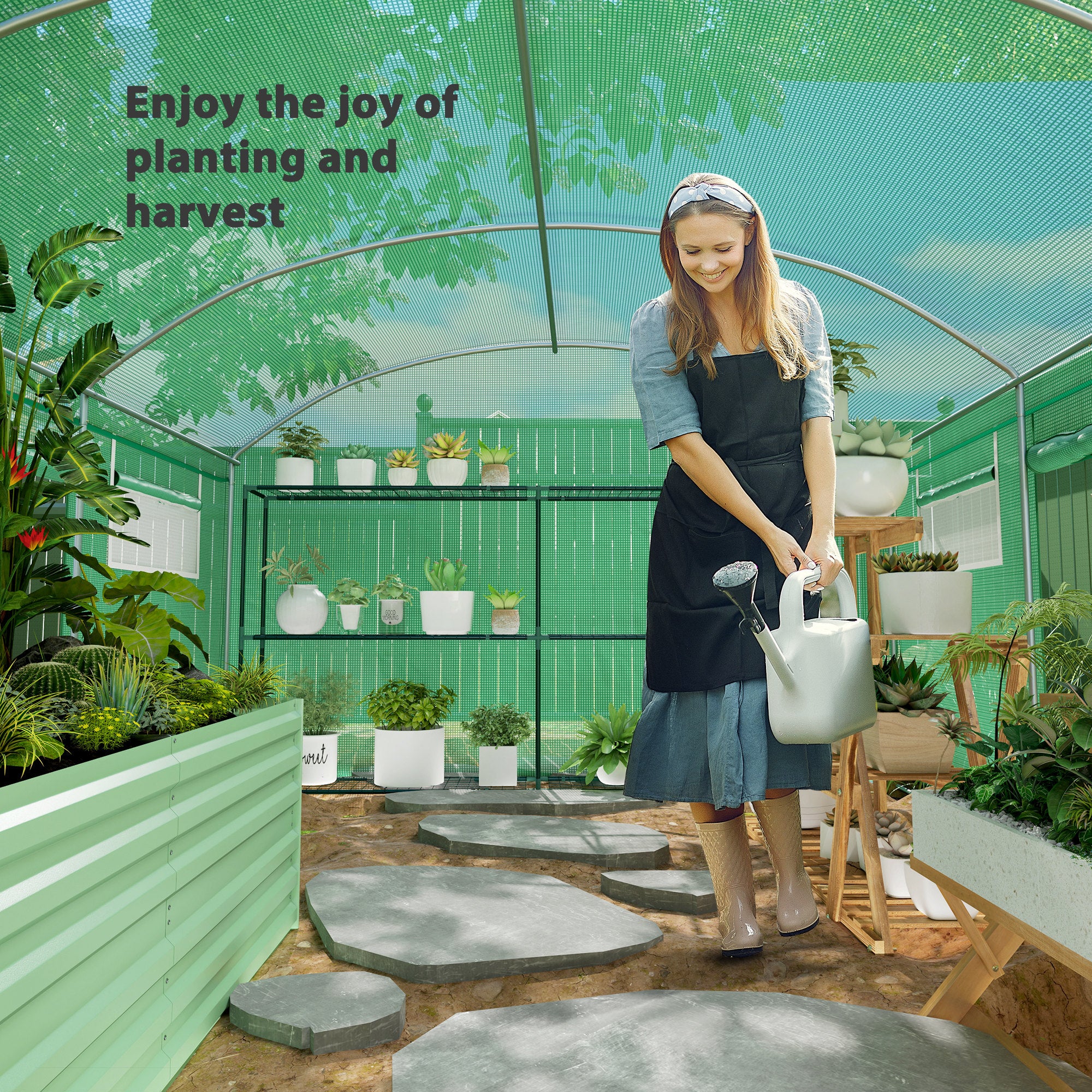 4 x 3 x 2m Polytunnel Greenhouse with 3 Roll-up Doors, Mesh Windows & Anti-UV PE Cover, Green - Image 11