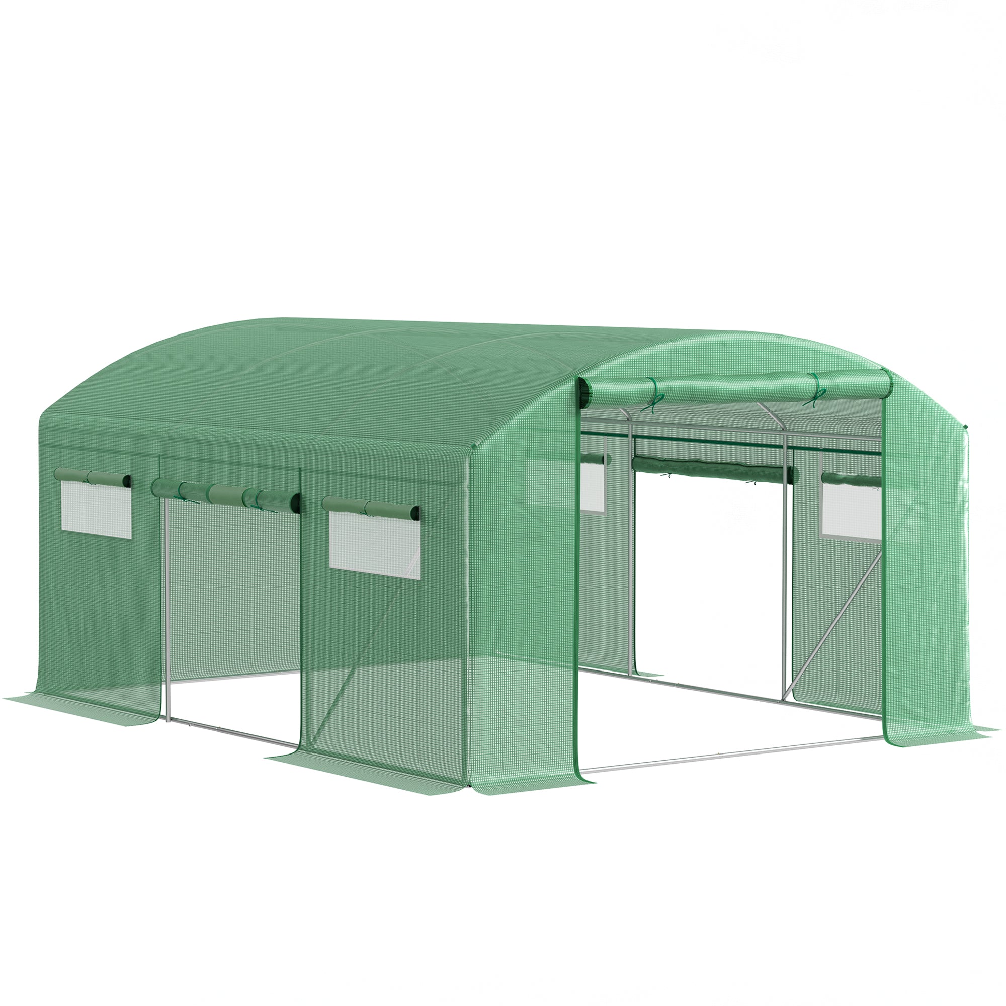 4 x 3 x 2m Polytunnel Greenhouse with 3 Roll-up Doors, Mesh Windows & Anti-UV PE Cover, Green - Image 12