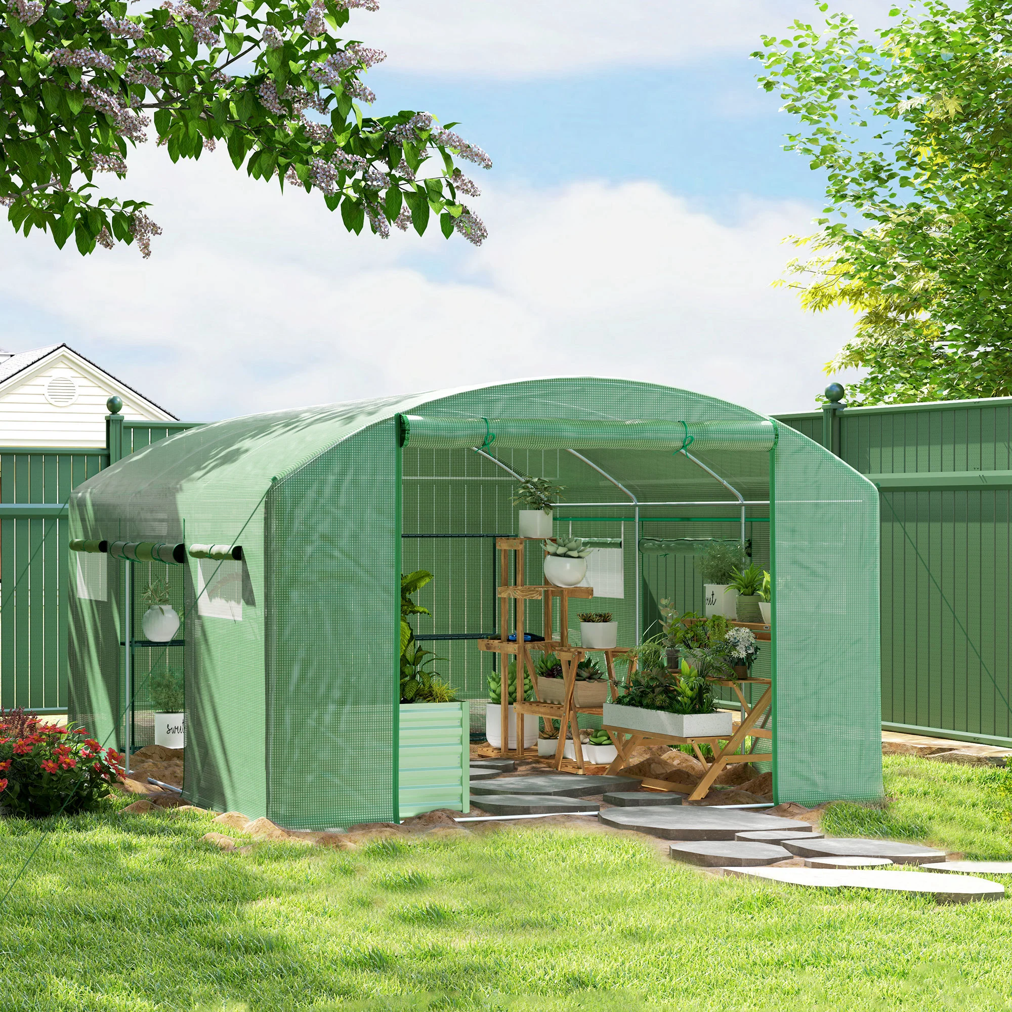 4 x 3 x 2m Polytunnel Greenhouse with 3 Roll-up Doors, Mesh Windows & Anti-UV PE Cover, Green - Image 3