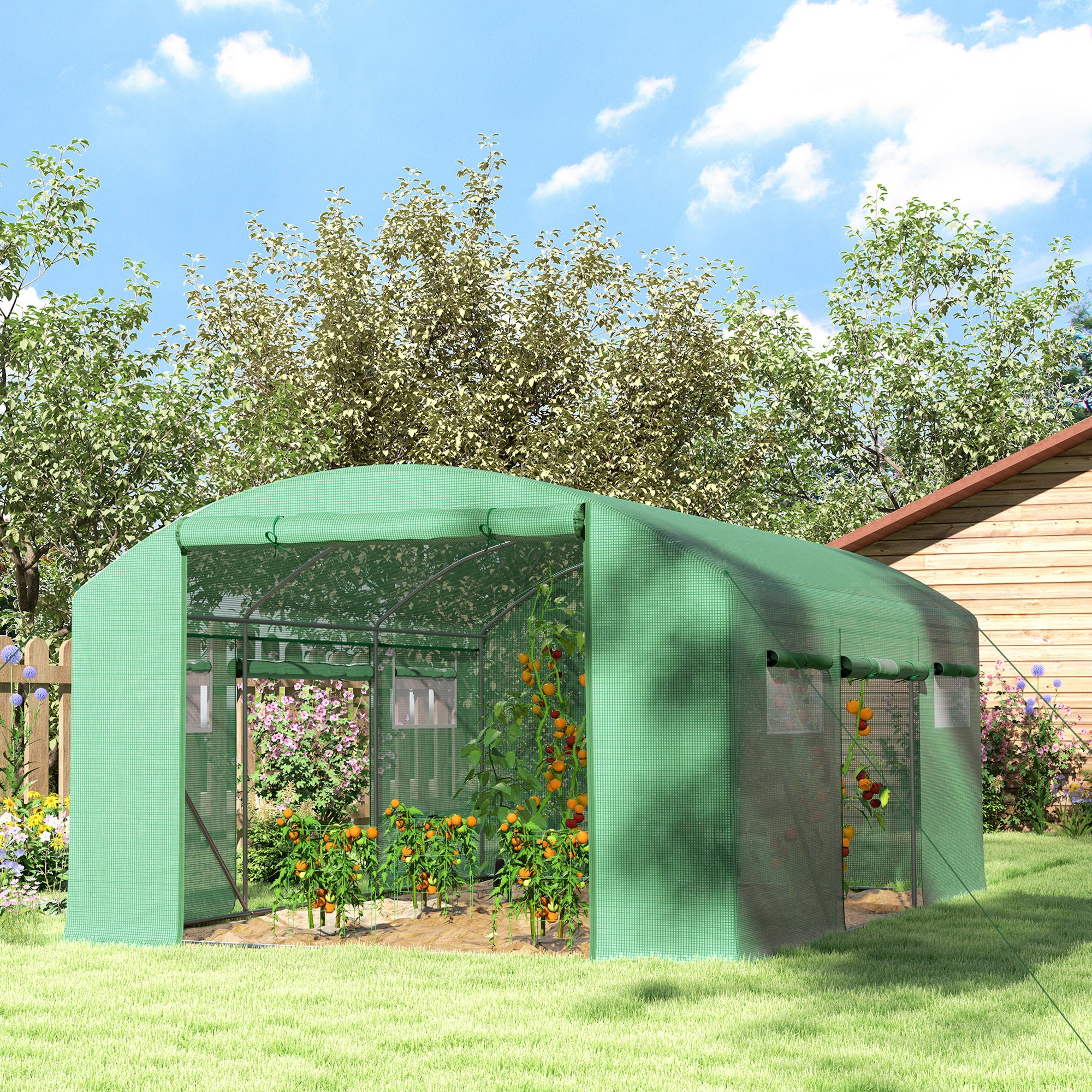 4 x 3 x 2m Polytunnel Greenhouse with 3 Roll-up Doors, Mesh Windows & Anti-UV PE Cover, Green - Image 4