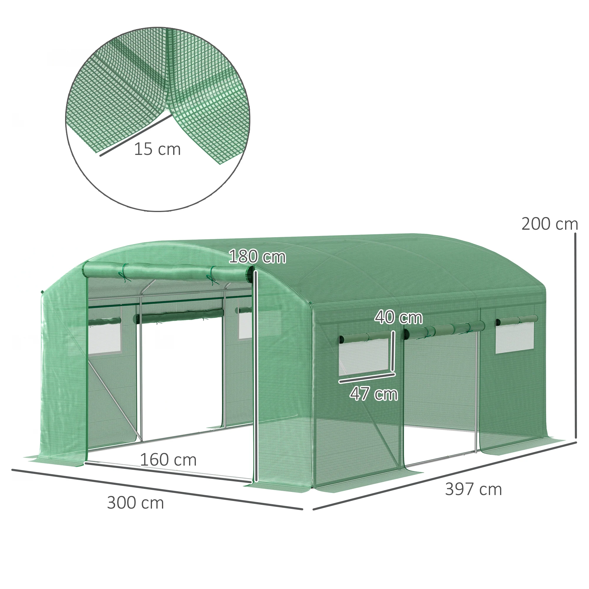 4 x 3 x 2m Polytunnel Greenhouse with 3 Roll-up Doors, Mesh Windows & Anti-UV PE Cover, Green - Image 5