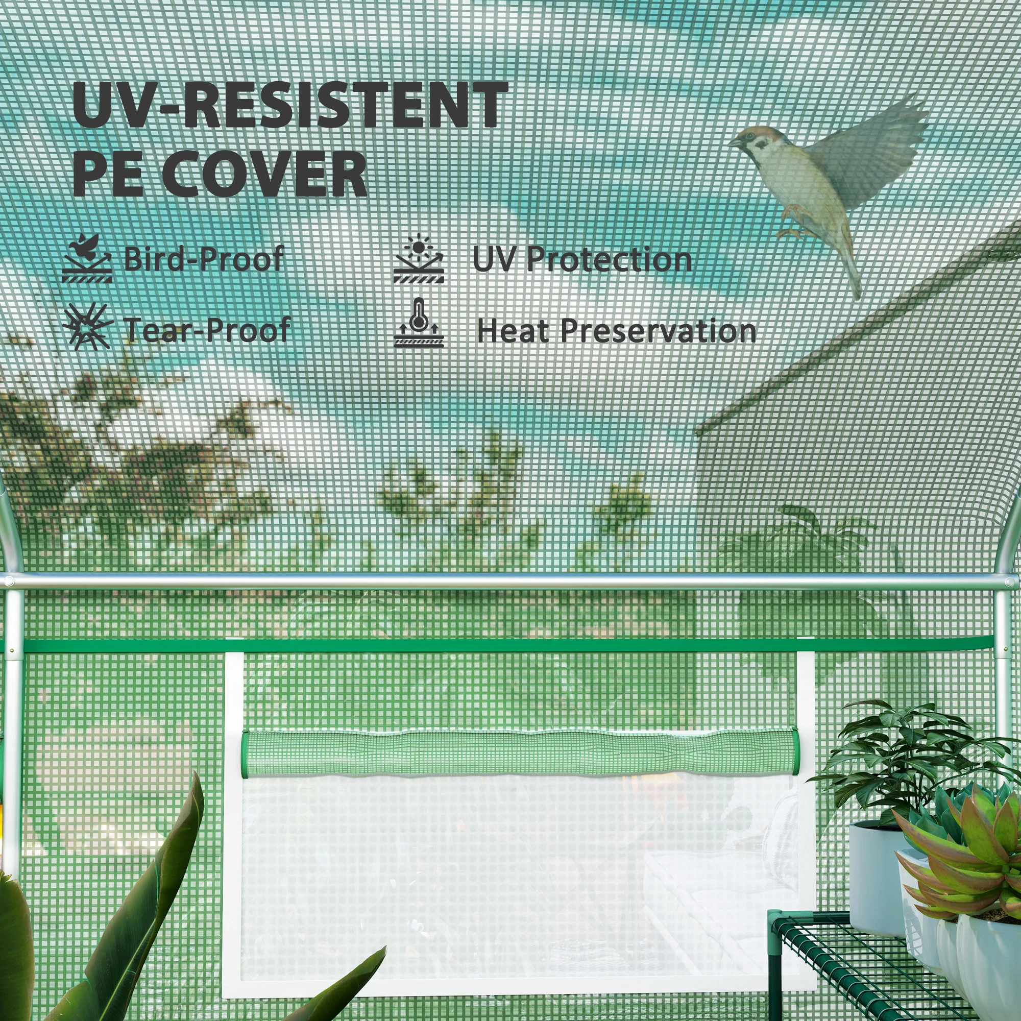 4 x 3 x 2m Polytunnel Greenhouse with 3 Roll-up Doors, Mesh Windows & Anti-UV PE Cover, Green - Image 8