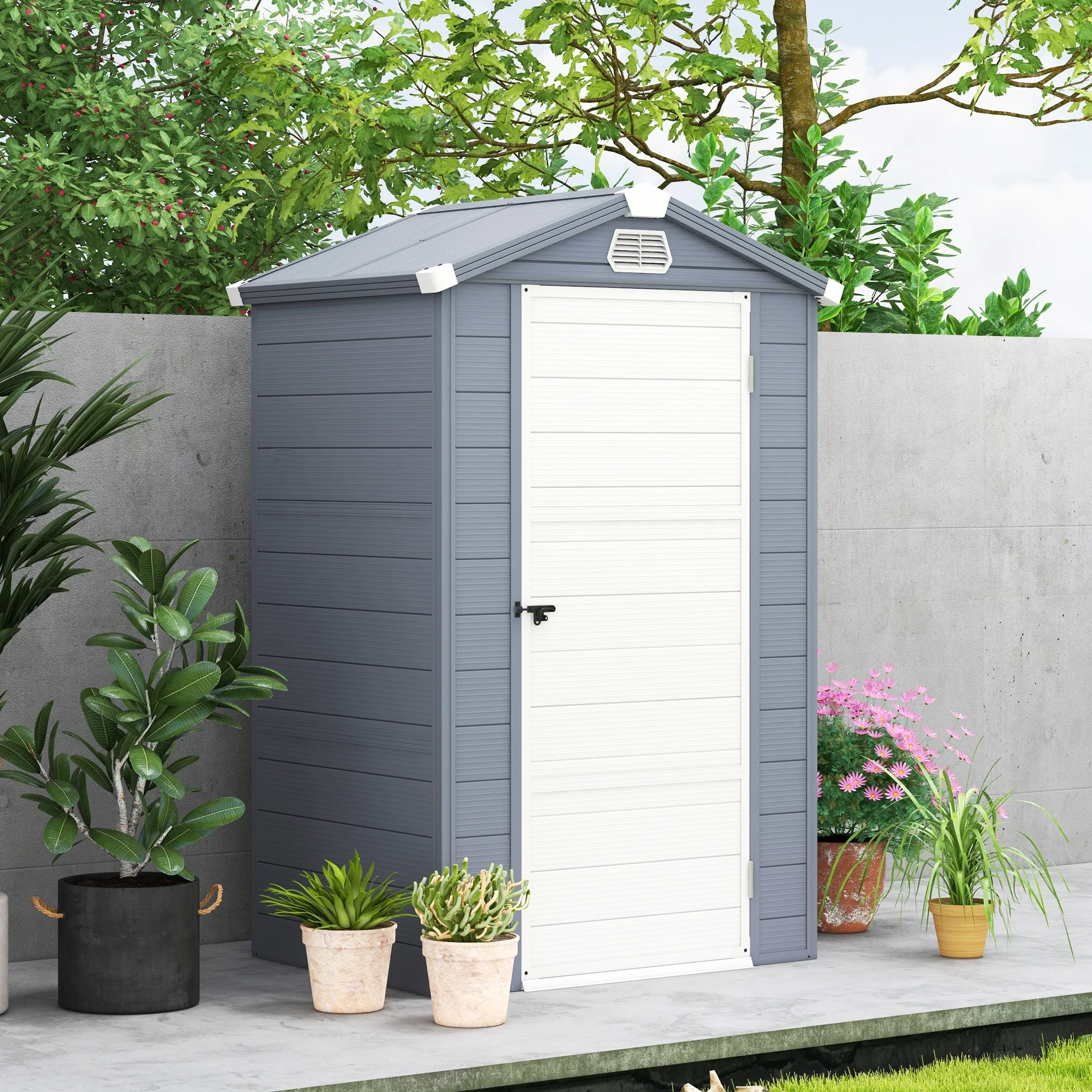 4 x 3ft Plastic Garden Storage Shed w/ Foundation Kit, Ventilation Slots & Lockable Door, Grey - Image 10