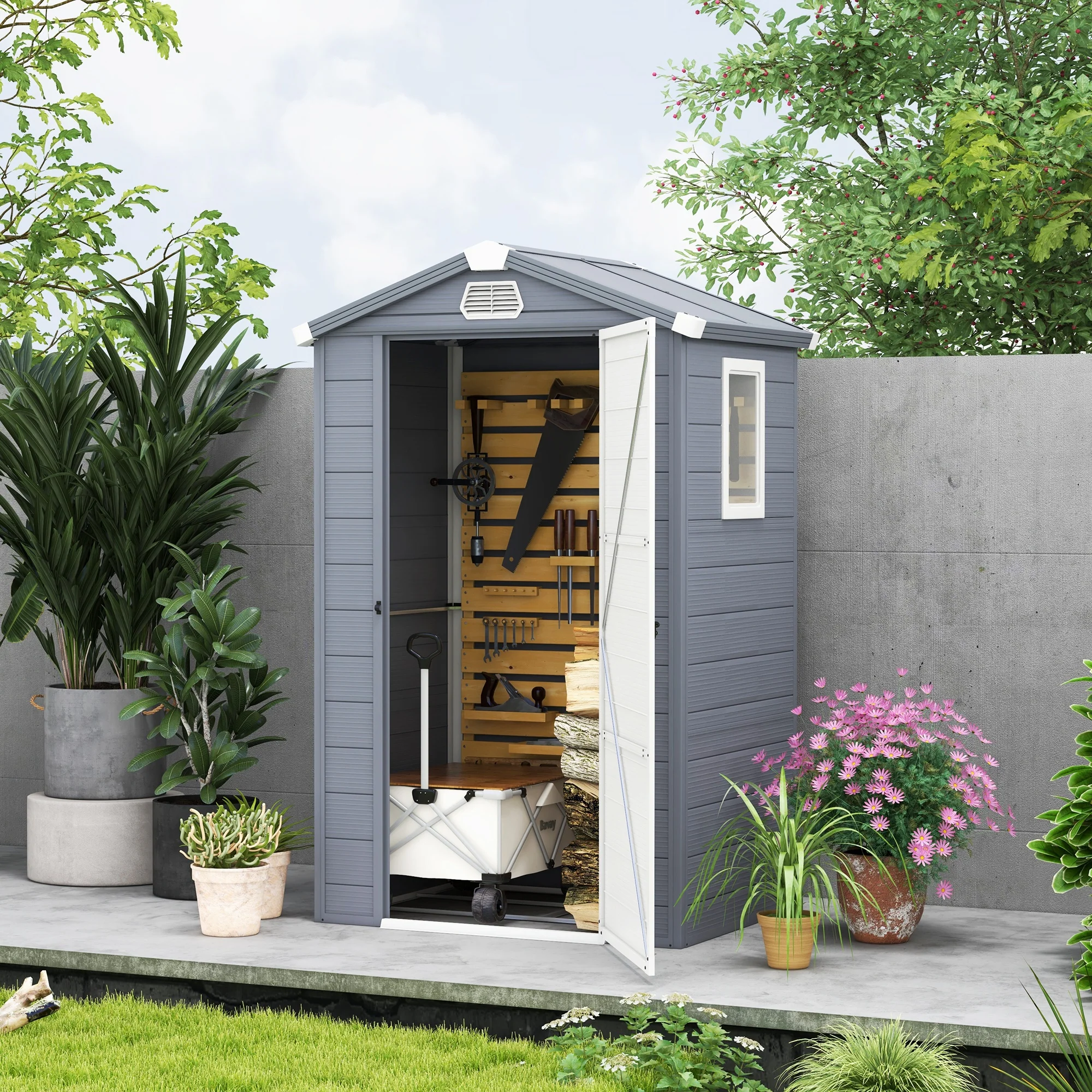 4 x 3ft Plastic Garden Storage Shed w/ Foundation Kit, Ventilation Slots & Lockable Door, Grey - Image 3