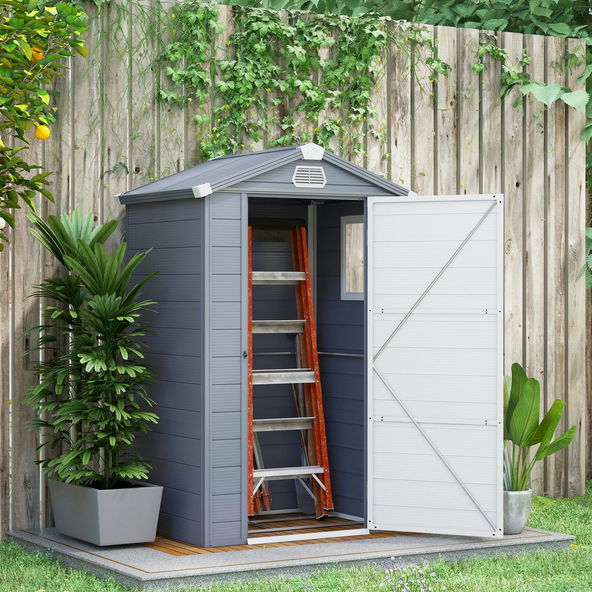 4 x 3ft Plastic Garden Storage Shed w/ Foundation Kit, Ventilation Slots & Lockable Door, Grey - Image 4