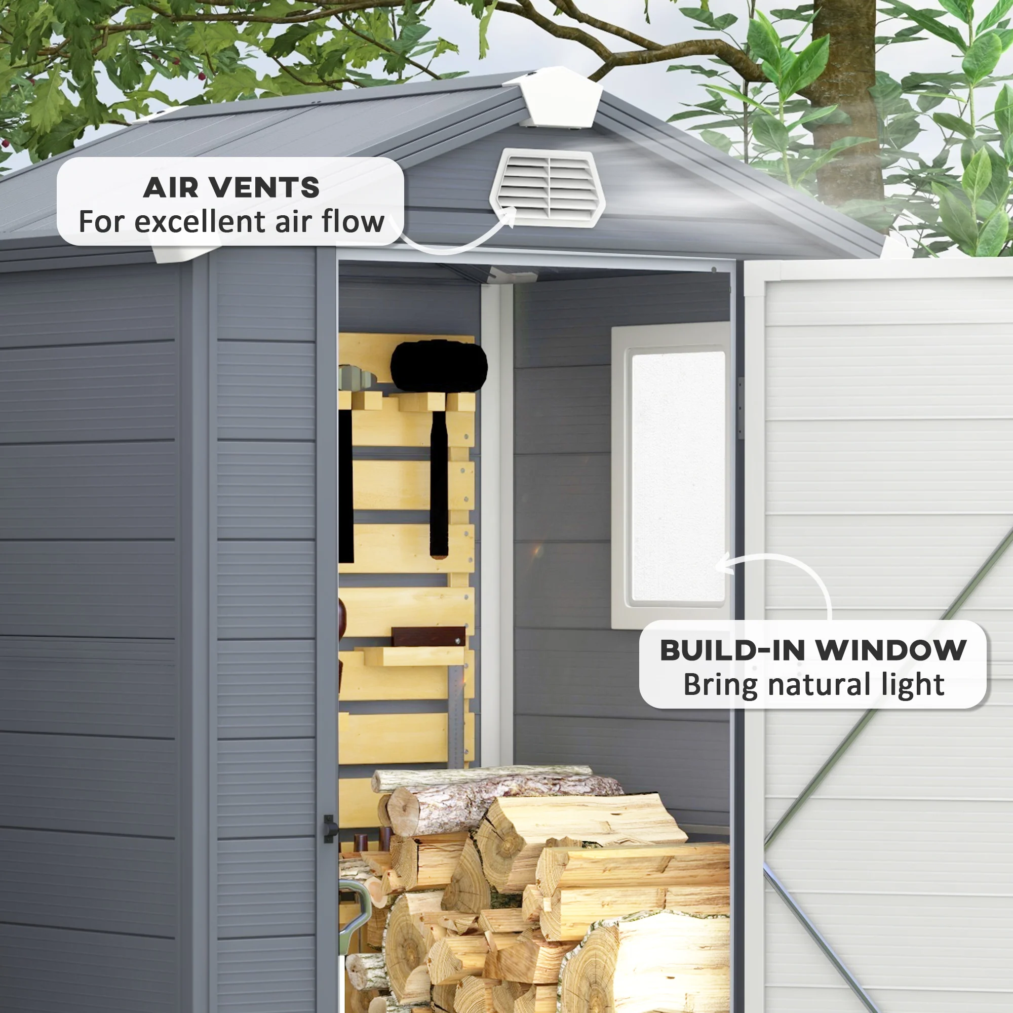 4 x 3ft Plastic Garden Storage Shed w/ Foundation Kit, Ventilation Slots & Lockable Door, Grey - Image 9