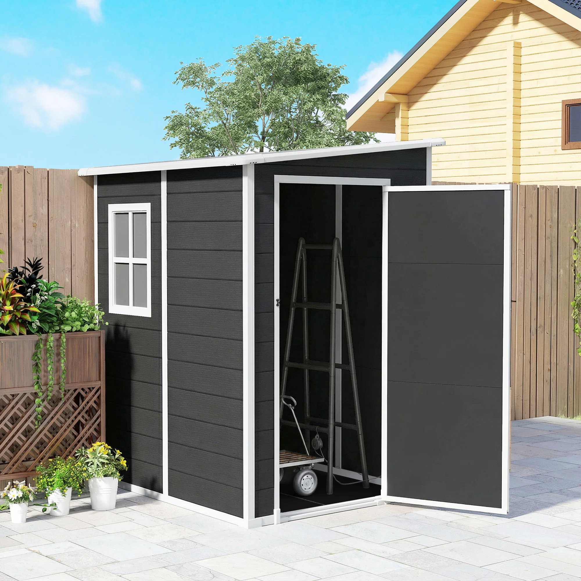 4 x 5FT Plastic Lean-to Garden Shed with Floor, Window and Vent, Black - Image 11