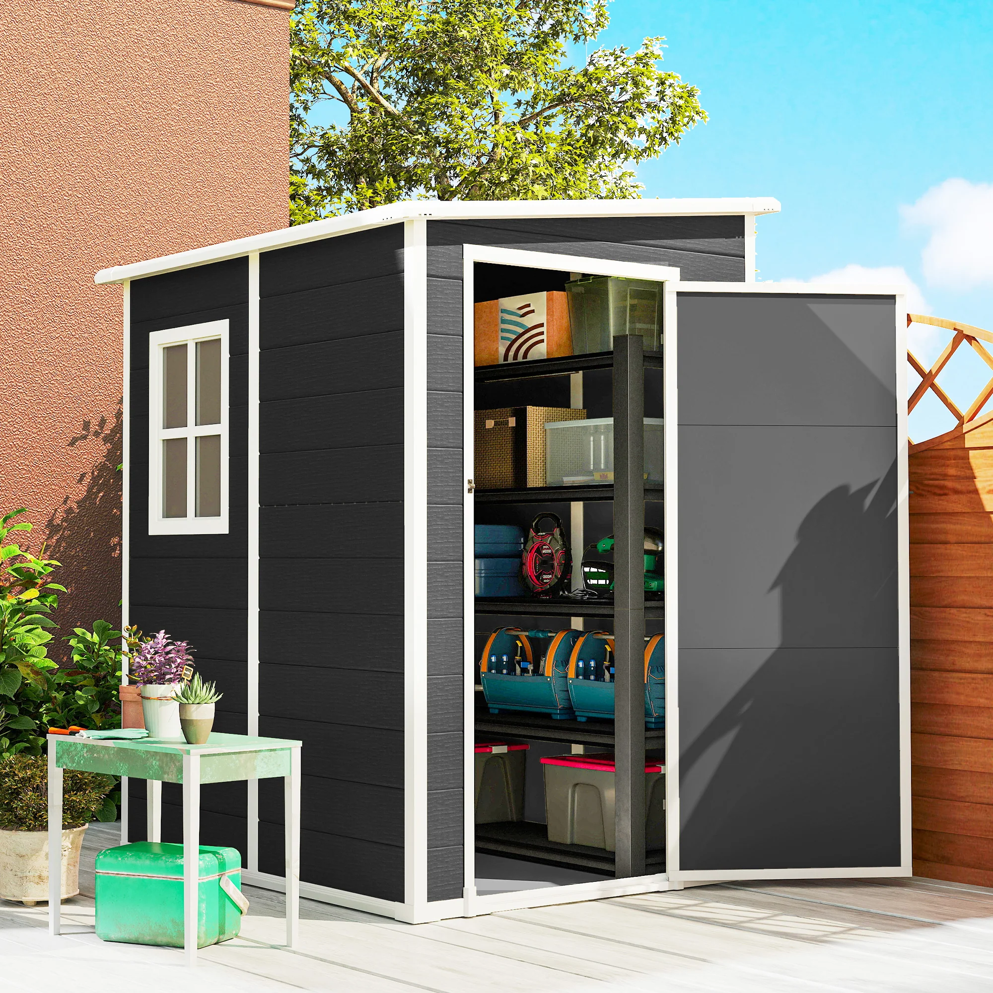 4 x 5FT Plastic Lean-to Garden Shed with Floor, Window and Vent, Black - Image 3