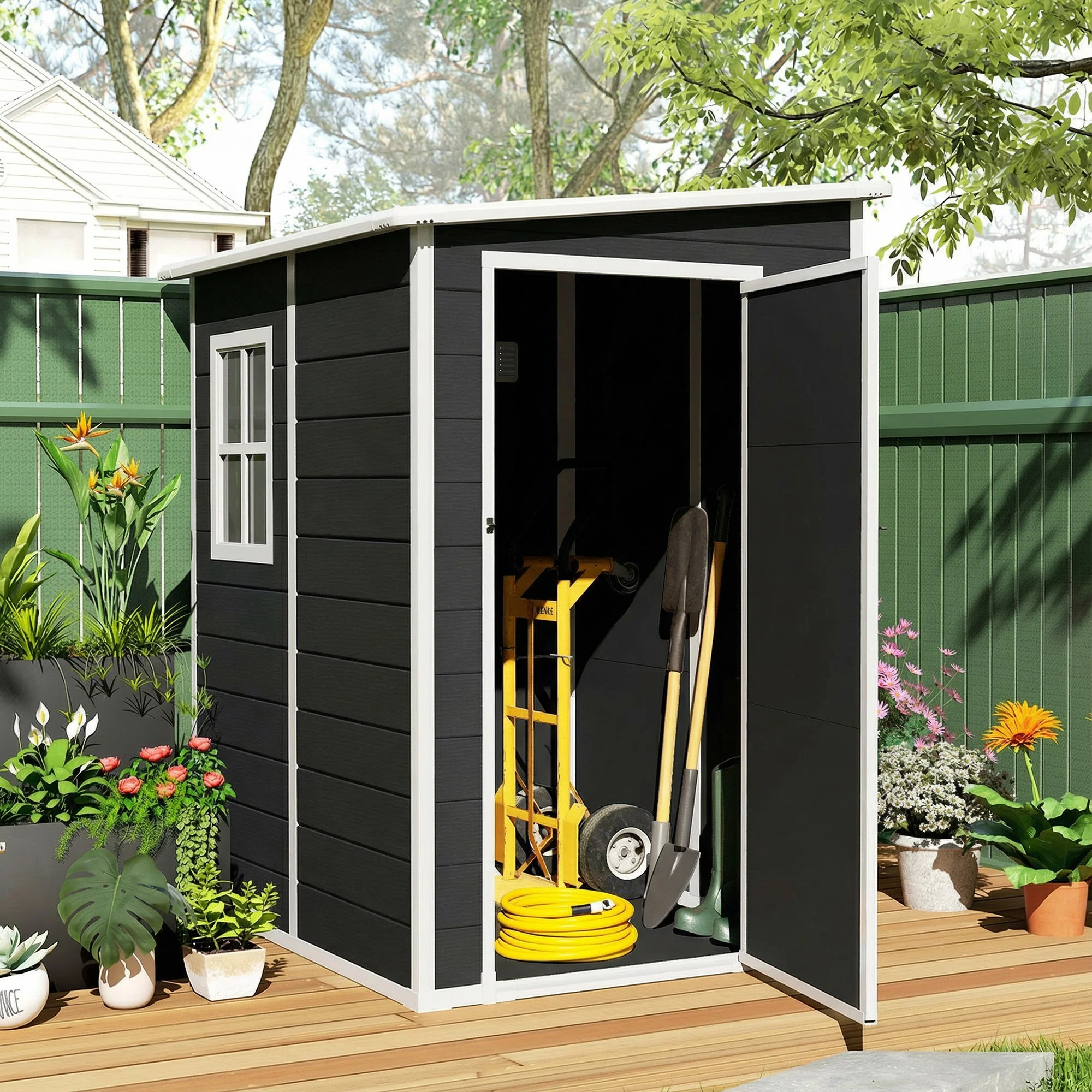 4 x 5FT Plastic Lean-to Garden Shed with Floor, Window and Vent, Black - Image 4
