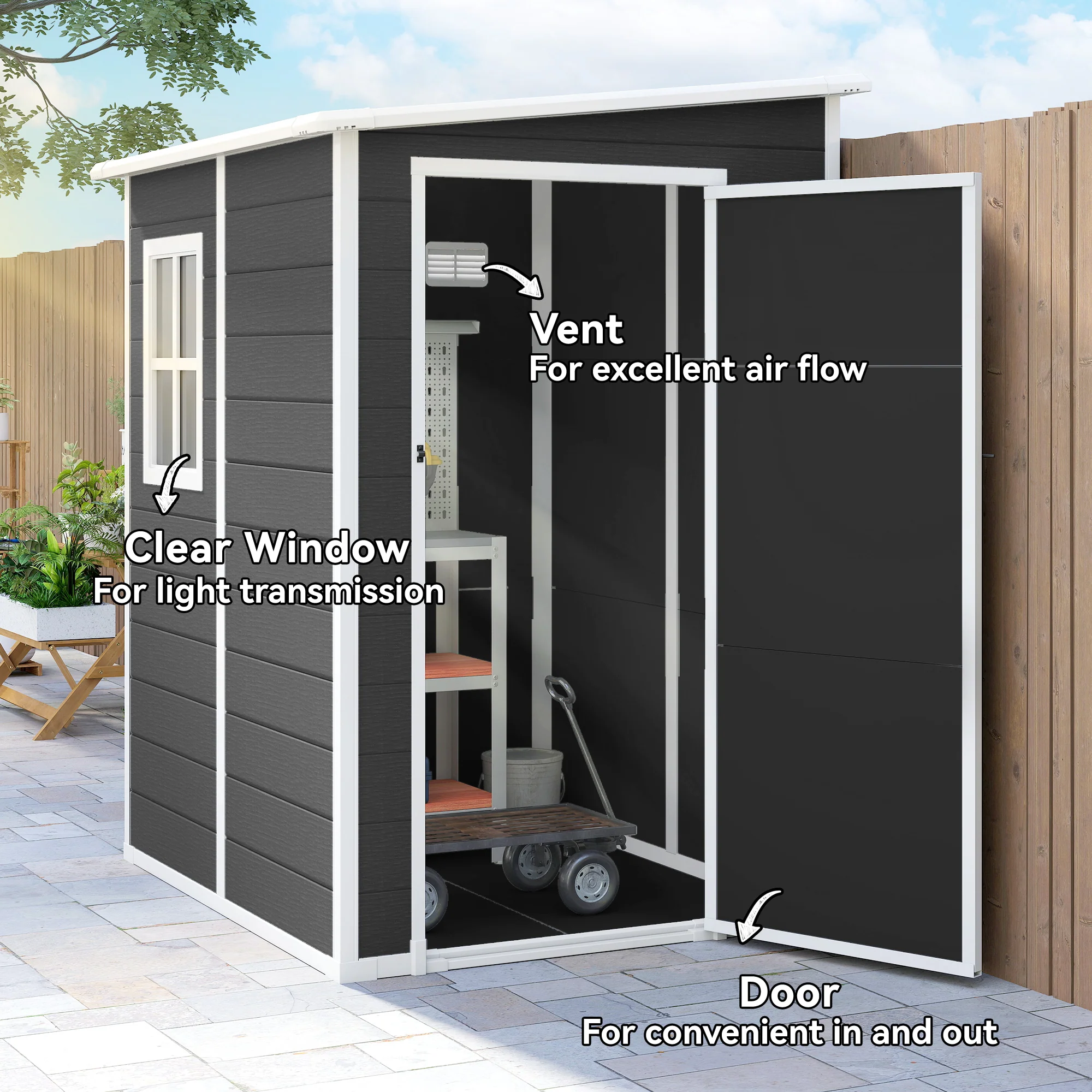 4 x 5FT Plastic Lean-to Garden Shed with Floor, Window and Vent, Black - Image 7