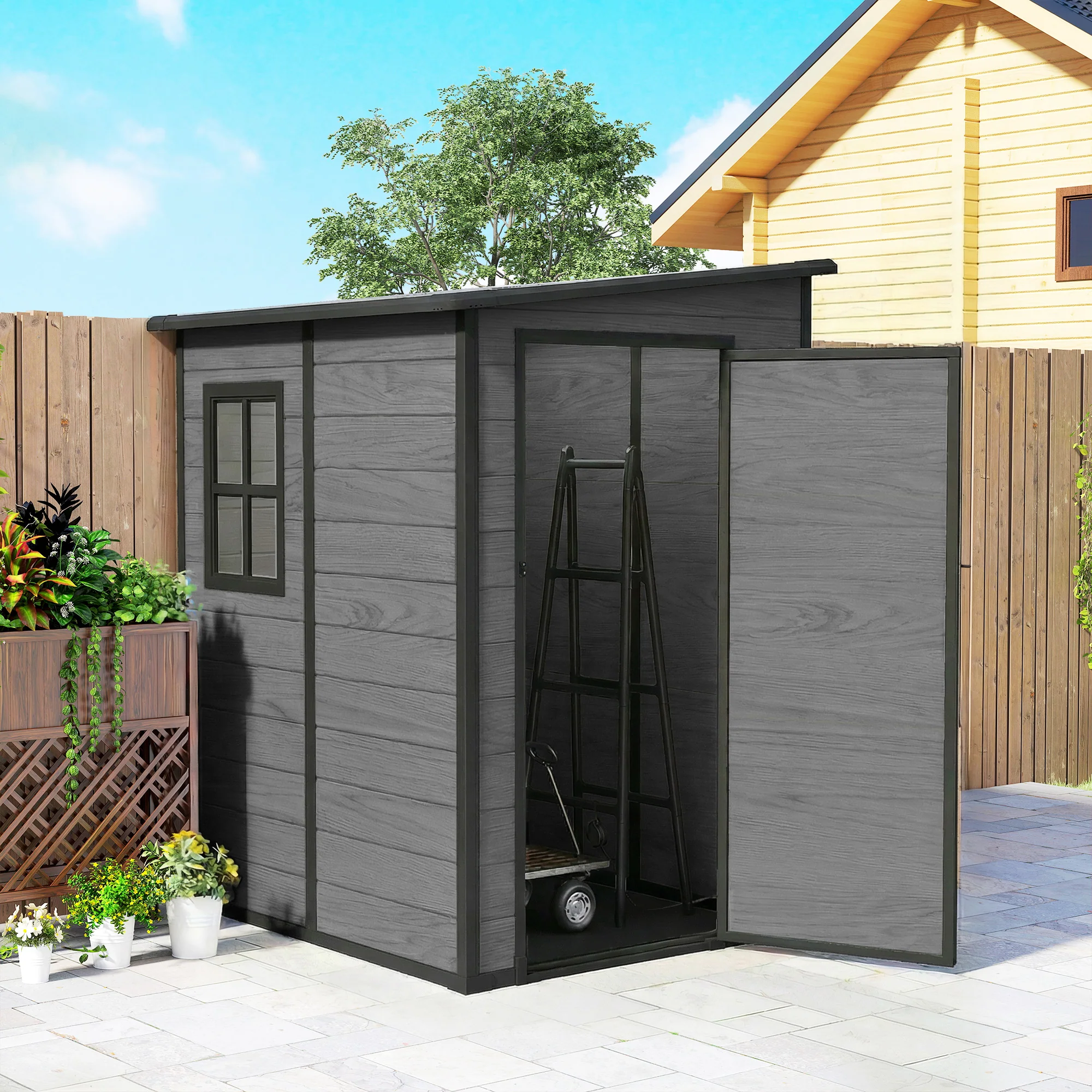 4 x 5FT Plastic Lean-to Garden Shed with Floor, Wood-Effect - Image 11