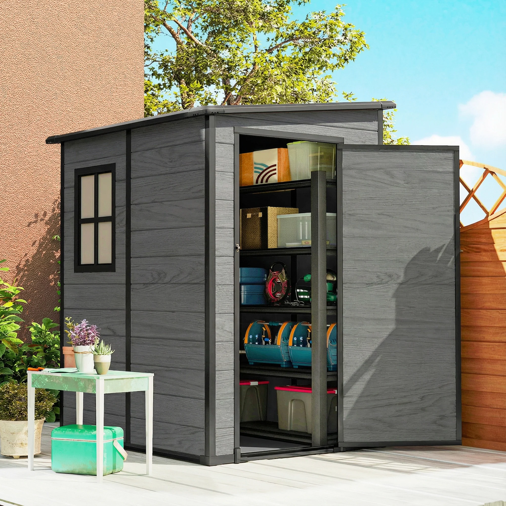 4 x 5FT Plastic Lean-to Garden Shed with Floor, Wood-Effect - Image 3