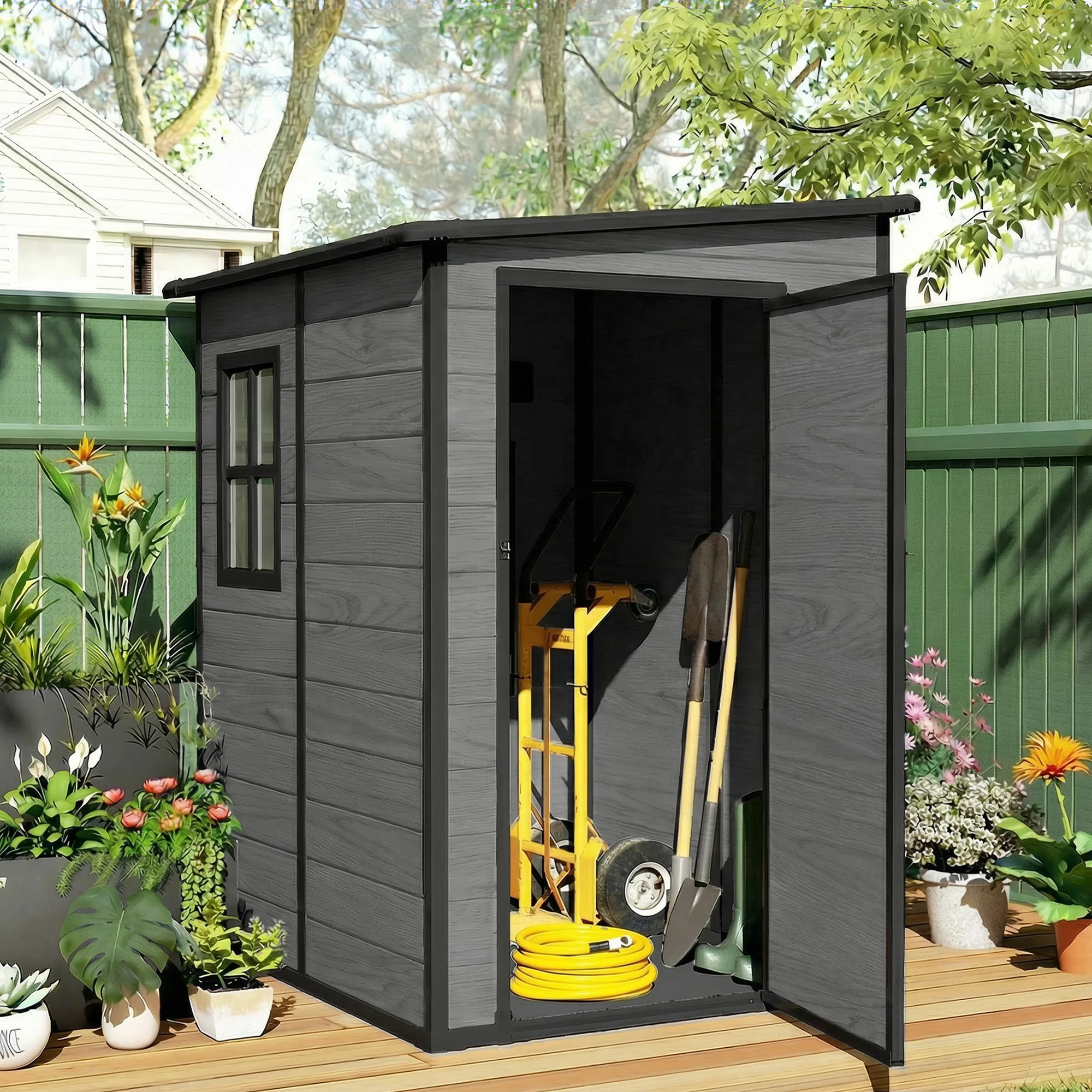 4 x 5FT Plastic Lean-to Garden Shed with Floor, Wood-Effect - Image 4