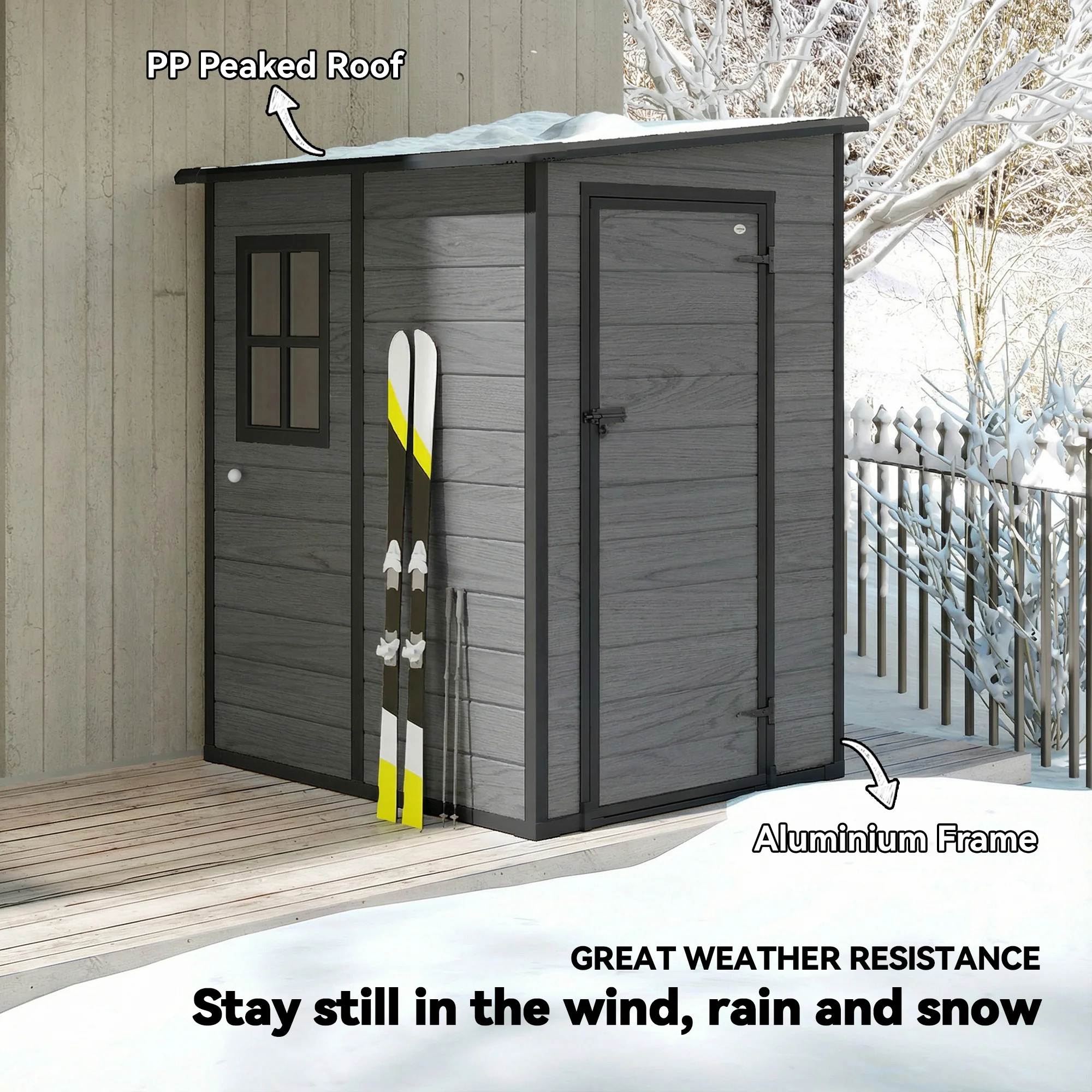 4 x 5FT Plastic Lean-to Garden Shed with Floor, Wood-Effect - Image 6