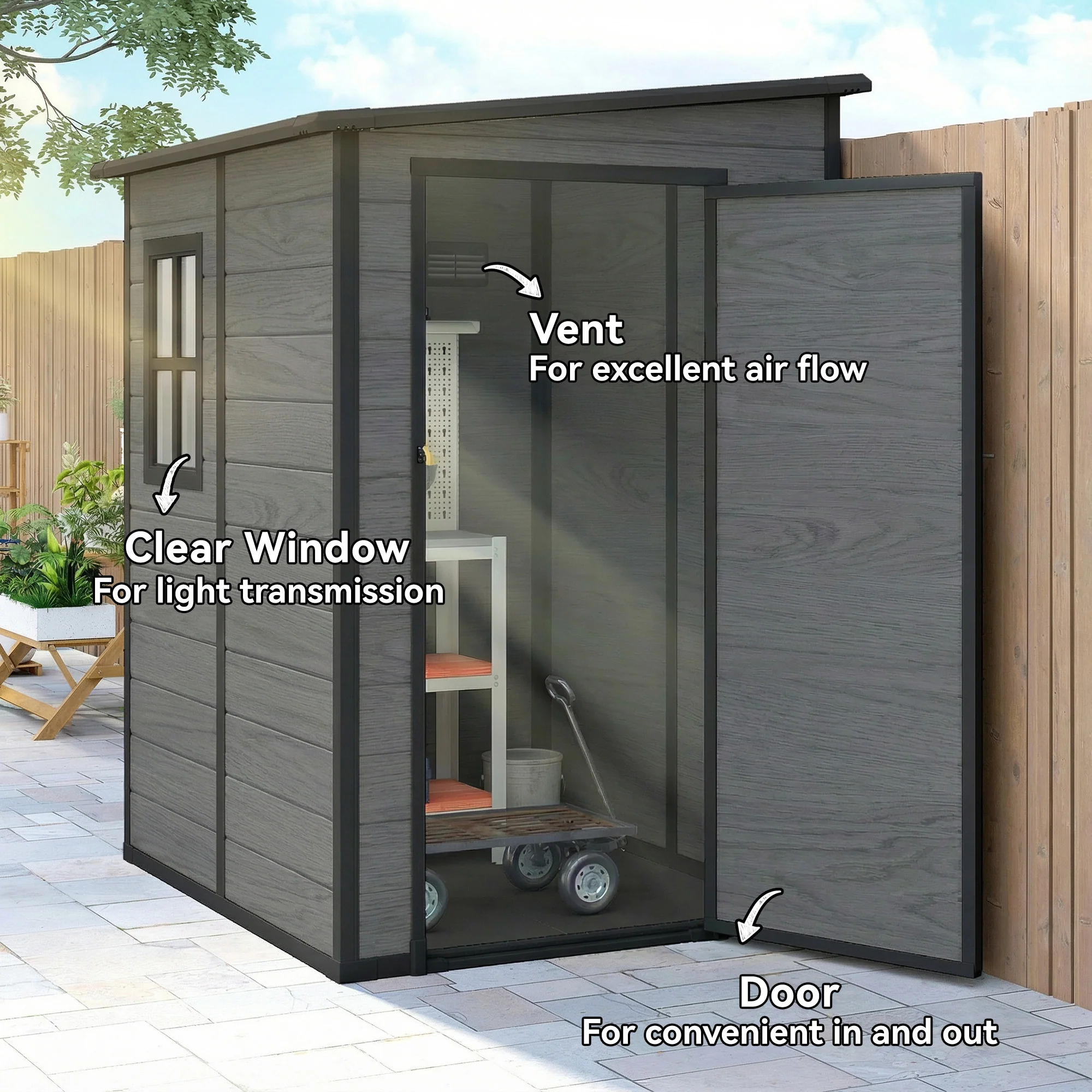 4 x 5FT Plastic Lean-to Garden Shed with Floor, Wood-Effect - Image 7