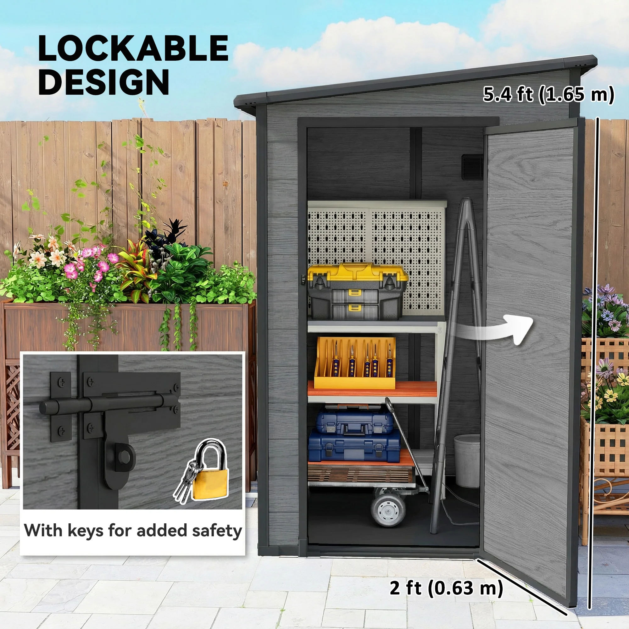 4 x 5FT Plastic Lean-to Garden Shed with Floor, Wood-Effect - Image 8
