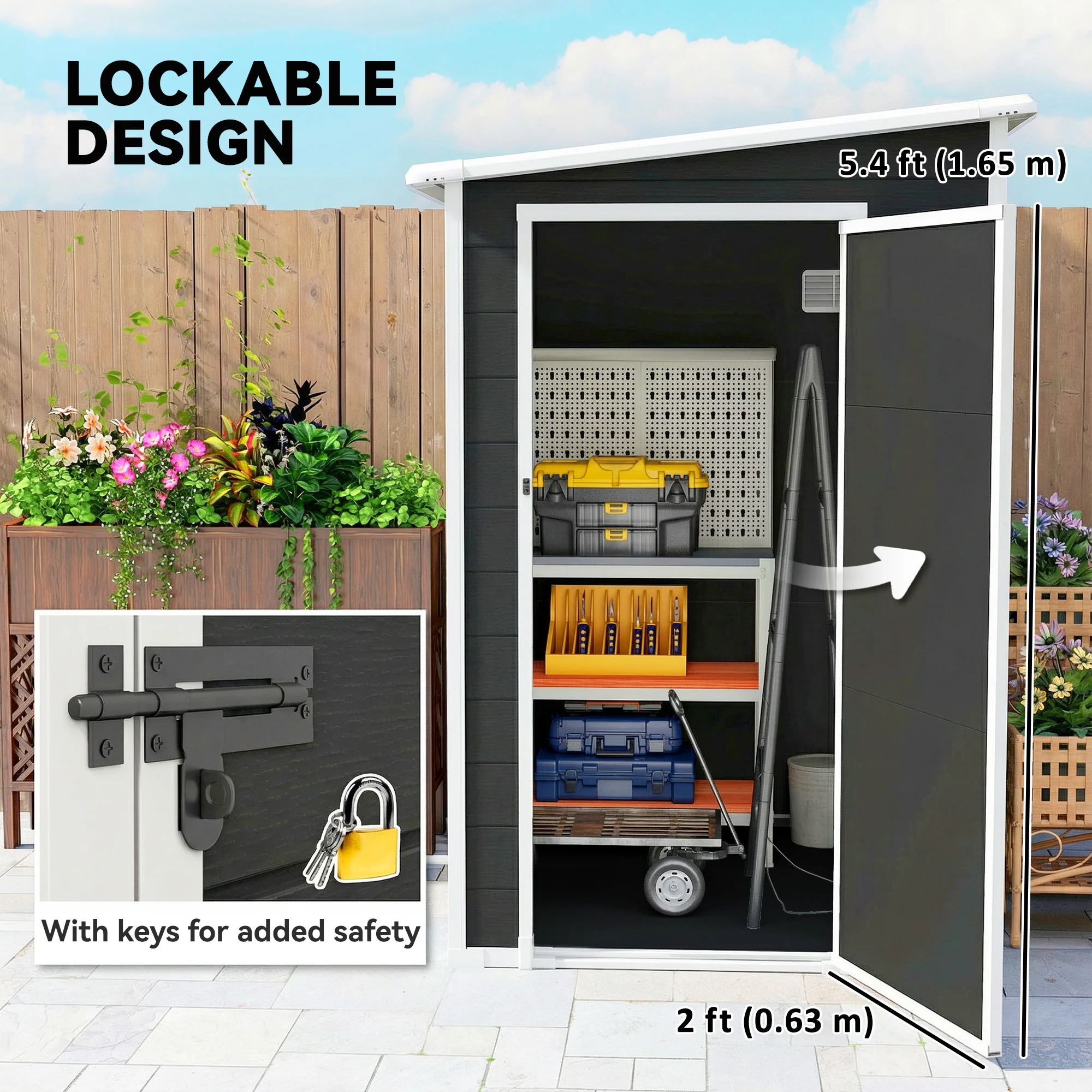 4 x 5FT Plastic Lean-to Garden Shed with Floor, Window and Vent, Black - Image 8