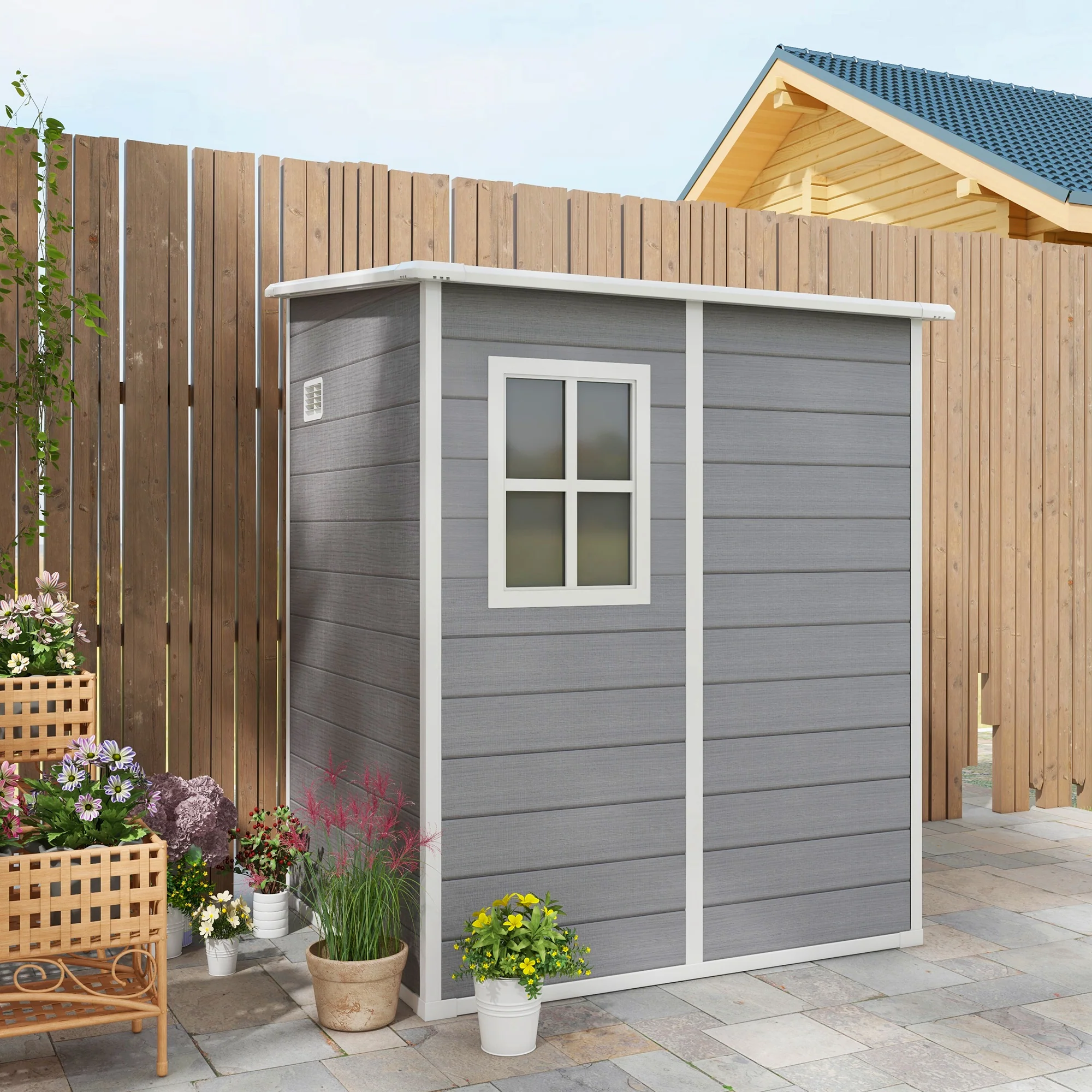 4 x 5FT Lean to Plastic Garden Shed w/ Lockable Doors, Window, Vent and Plastic Roof, Grey - Image 10
