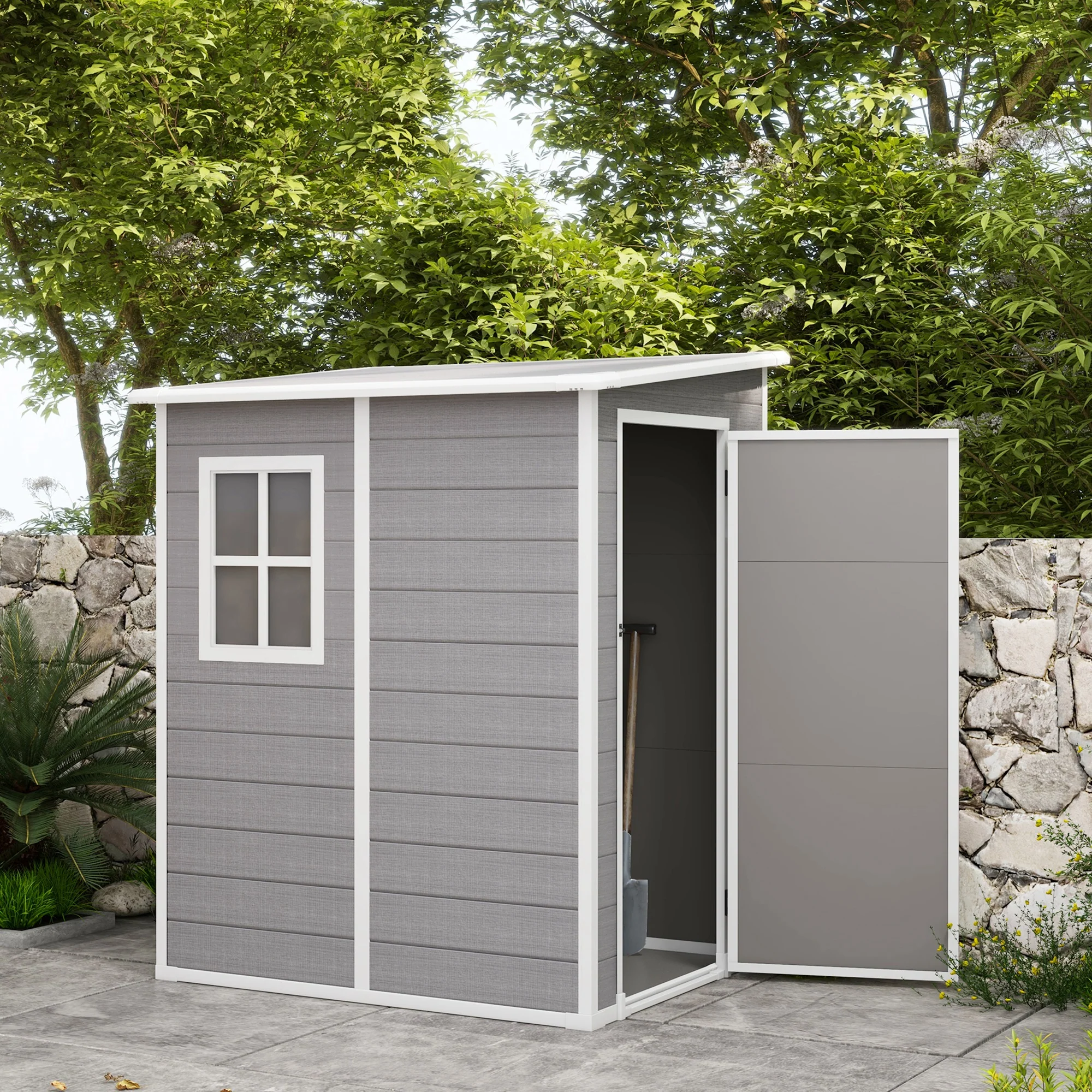 4 x 5FT Lean to Plastic Garden Shed w/ Lockable Doors, Window, Vent and Plastic Roof, Grey - Image 4