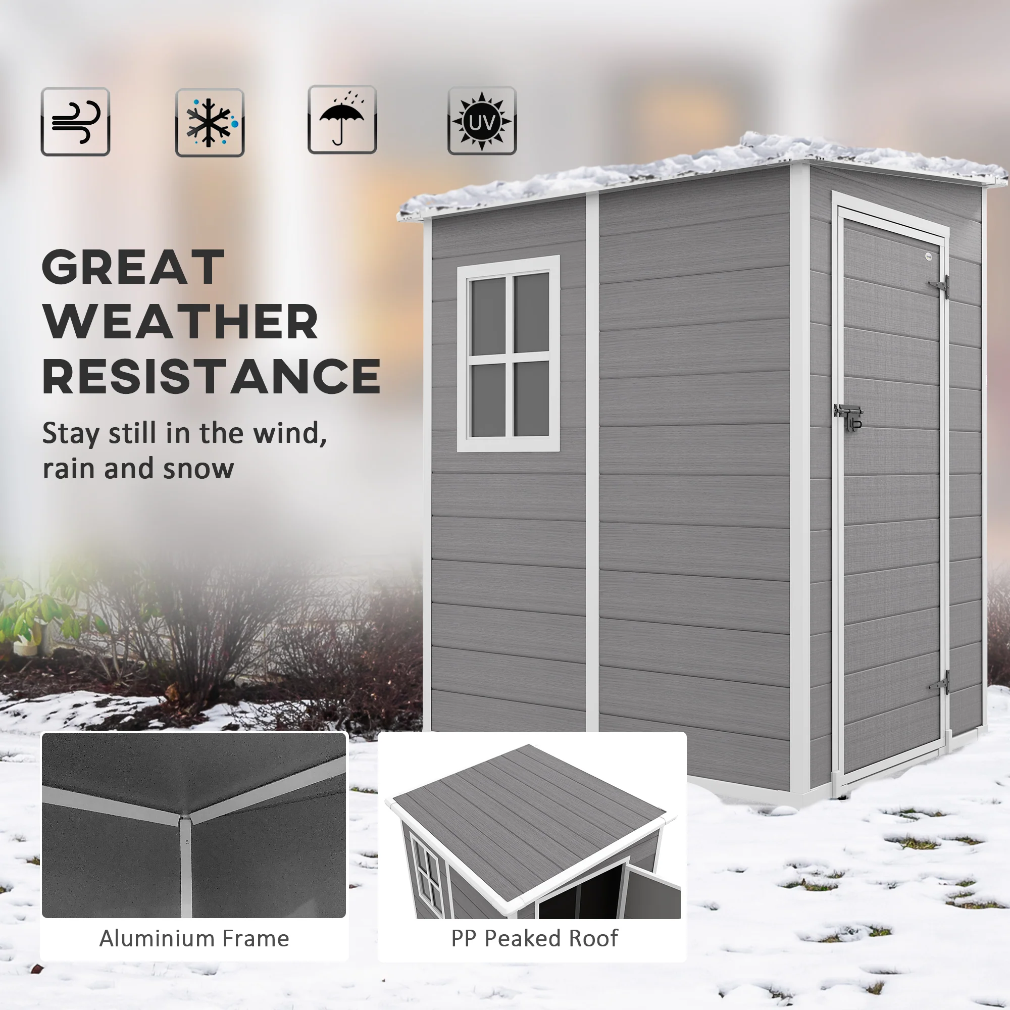 4 x 5FT Lean to Plastic Garden Shed w/ Lockable Doors, Window, Vent and Plastic Roof, Grey - Image 6