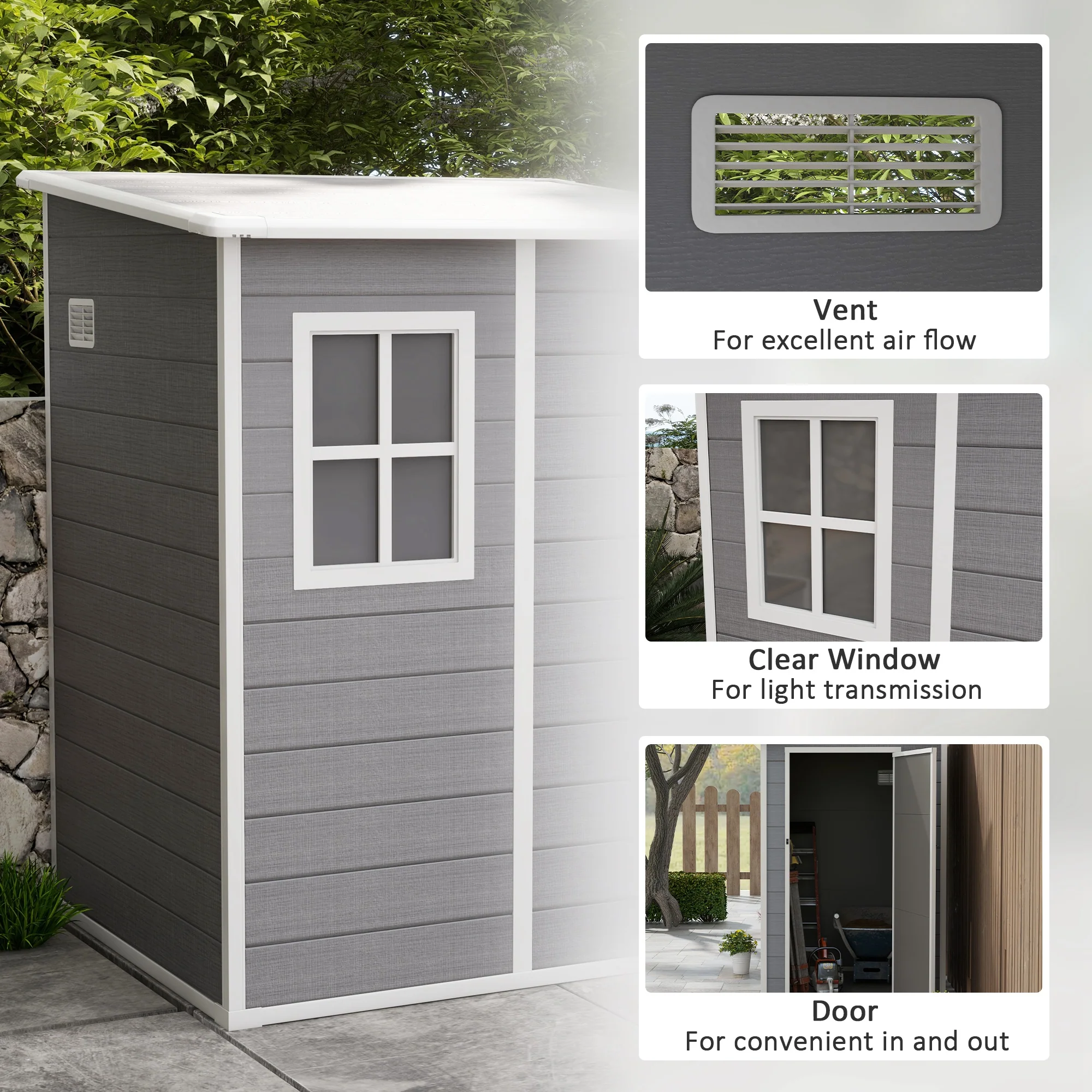 4 x 5FT Lean to Plastic Garden Shed w/ Lockable Doors, Window, Vent and Plastic Roof, Grey - Image 7