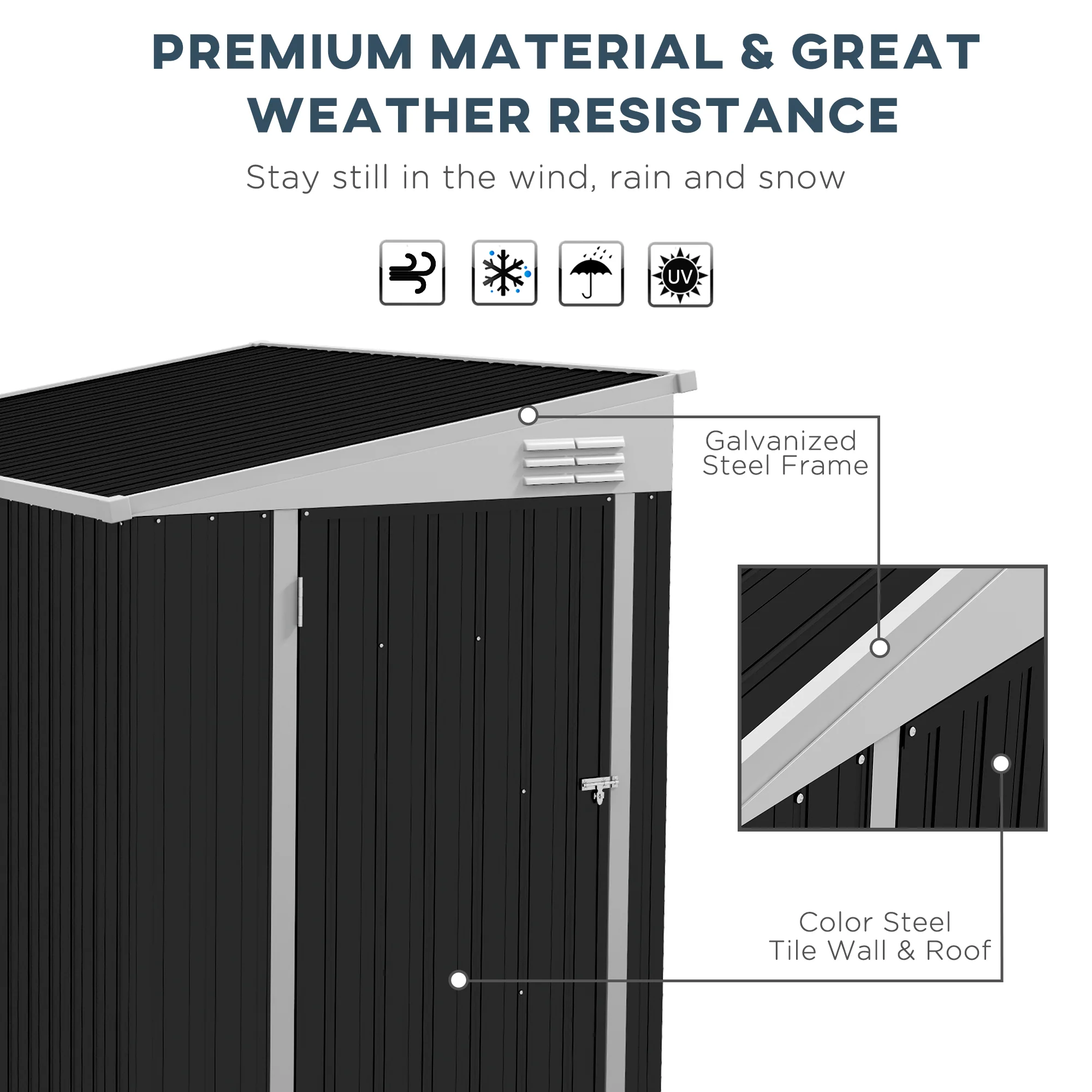 4' x 6' Steel Garden Storage Shed Lean to Shed Outdoor Metal Tool House with Lockable Door and 2 Air Vents for Backyard, Patio, Lawn, Dark Grey - Image 7