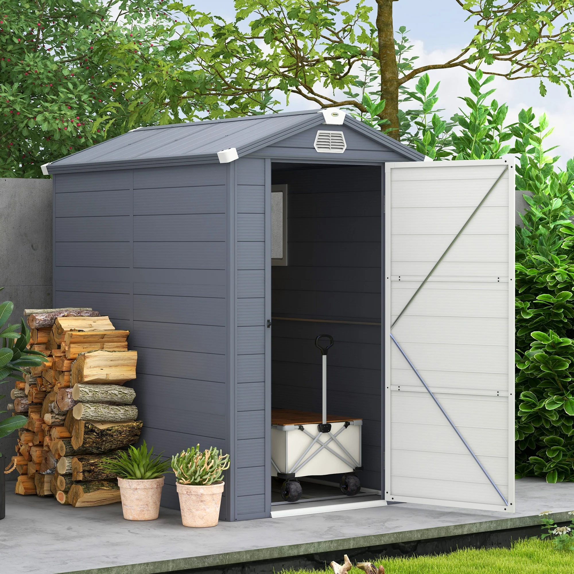 4 x 6ft Plastic Garden Storage Shed w/ Foundation Kit, Ventilation Slots & Lockable Door, Grey - Image 3