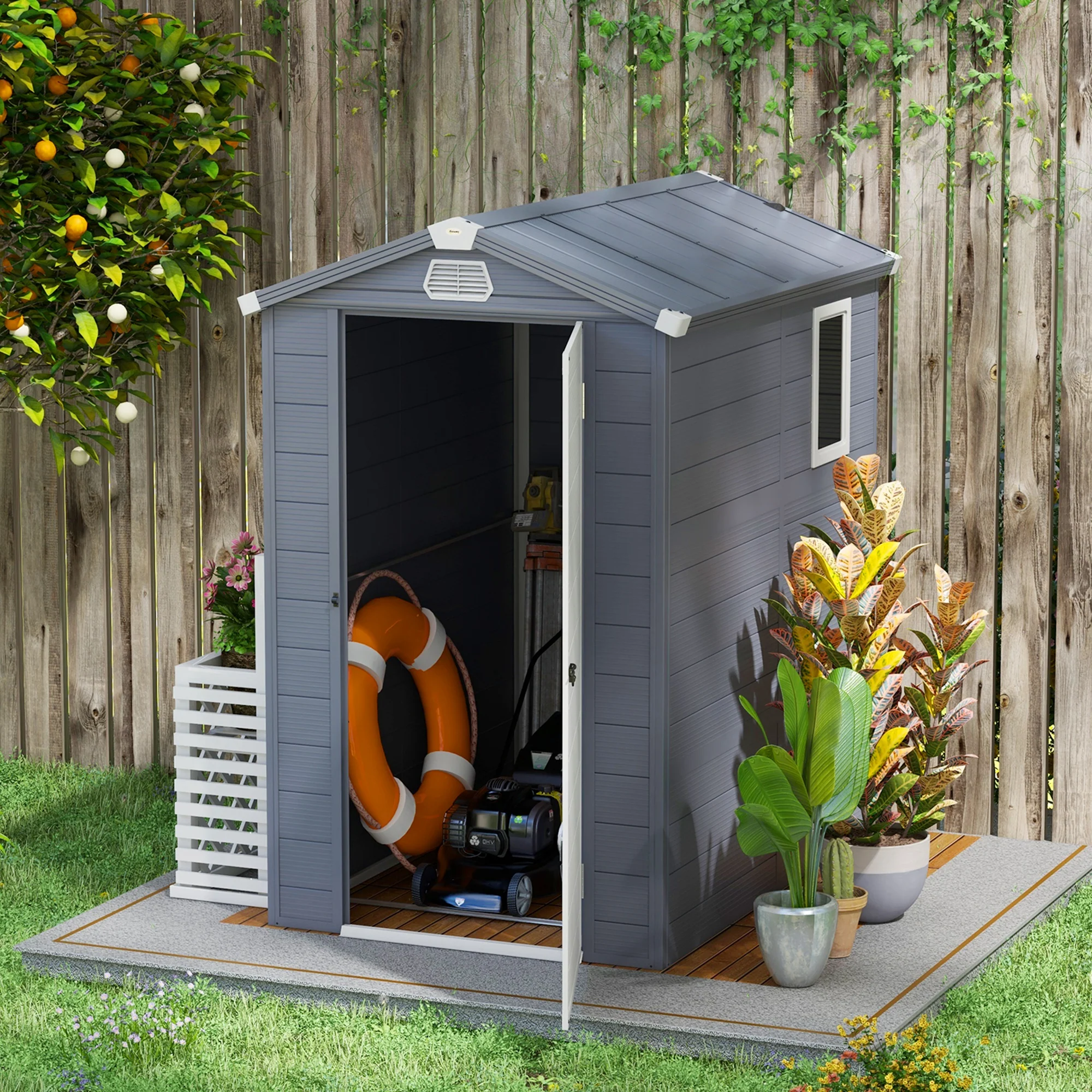 4 x 6ft Plastic Garden Storage Shed w/ Foundation Kit, Ventilation Slots & Lockable Door, Grey - Image 4