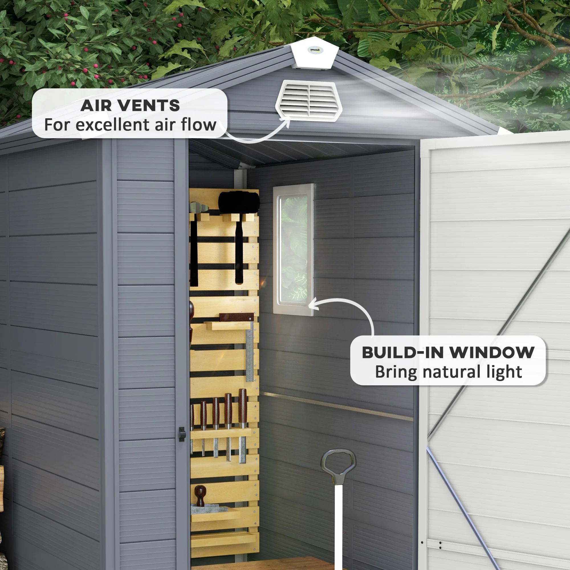 4 x 6ft Plastic Garden Storage Shed w/ Foundation Kit, Ventilation Slots & Lockable Door, Grey - Image 9