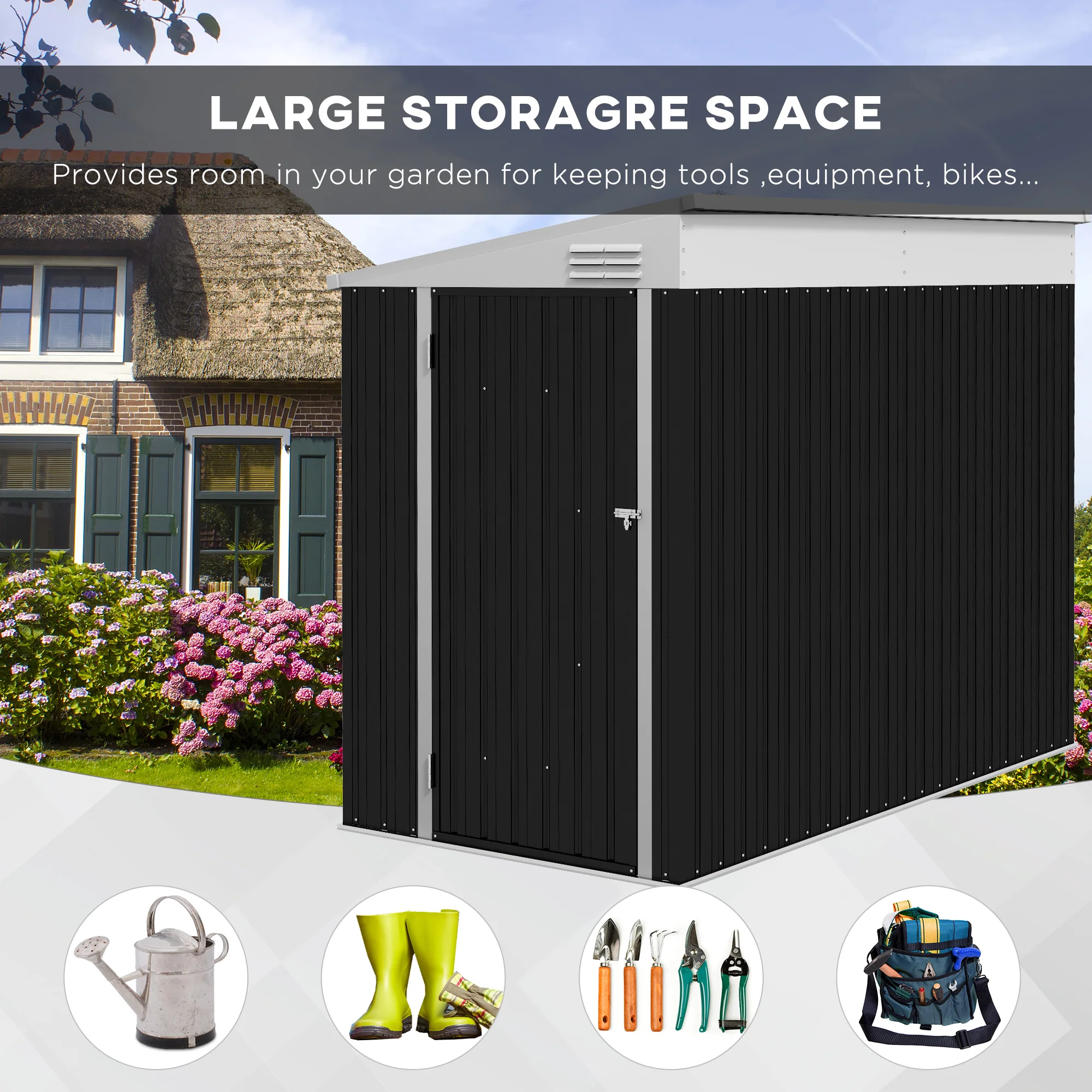 4' x 8' Steel Garden Storage Shed Lean to Shed Outdoor Metal Tool House with Lockable Door and 2 Air Vents for Backyard, Patio, Lawn, Dark Grey - Image 6