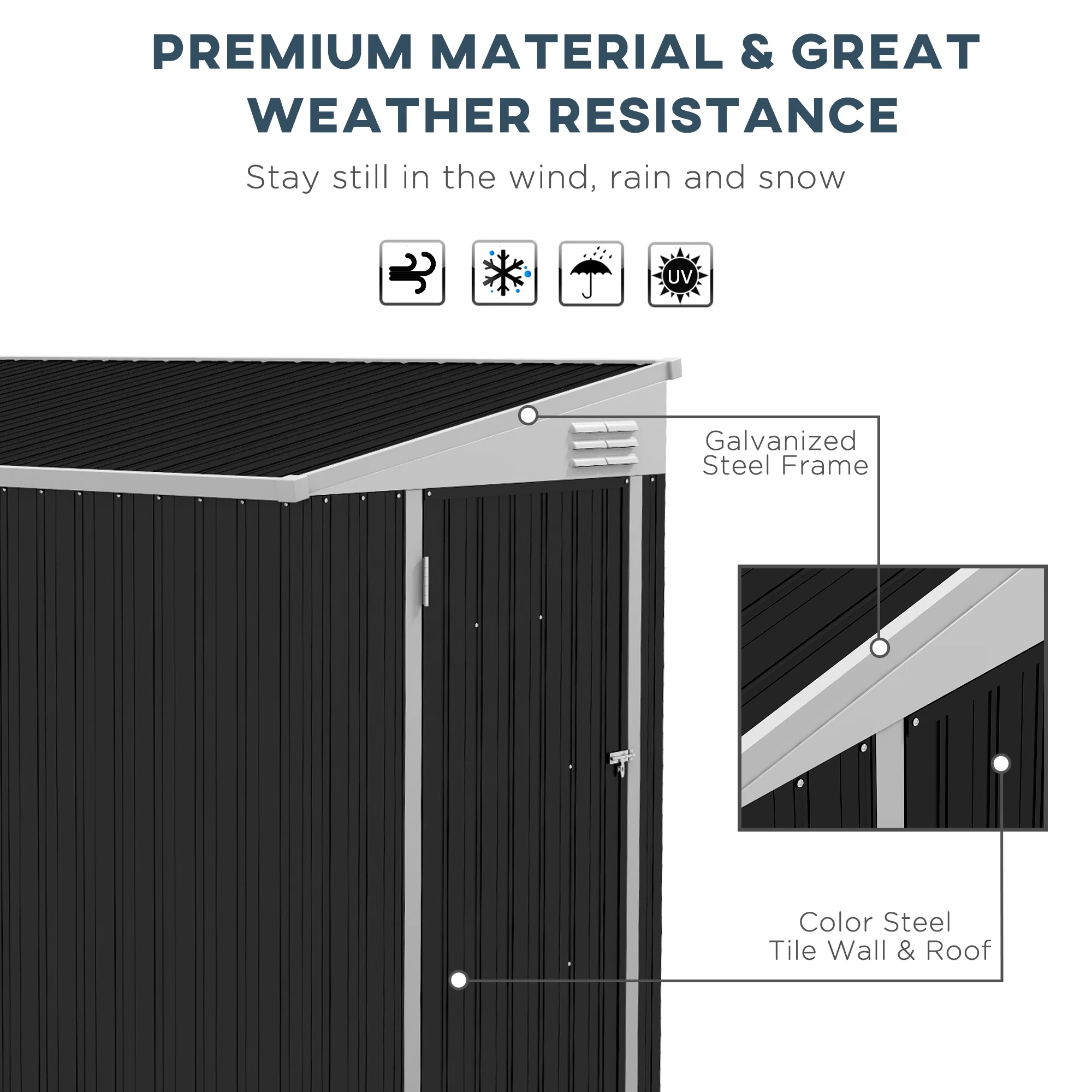 4' x 8' Steel Garden Storage Shed Lean to Shed Outdoor Metal Tool House with Lockable Door and 2 Air Vents for Backyard, Patio, Lawn, Dark Grey - Image 7