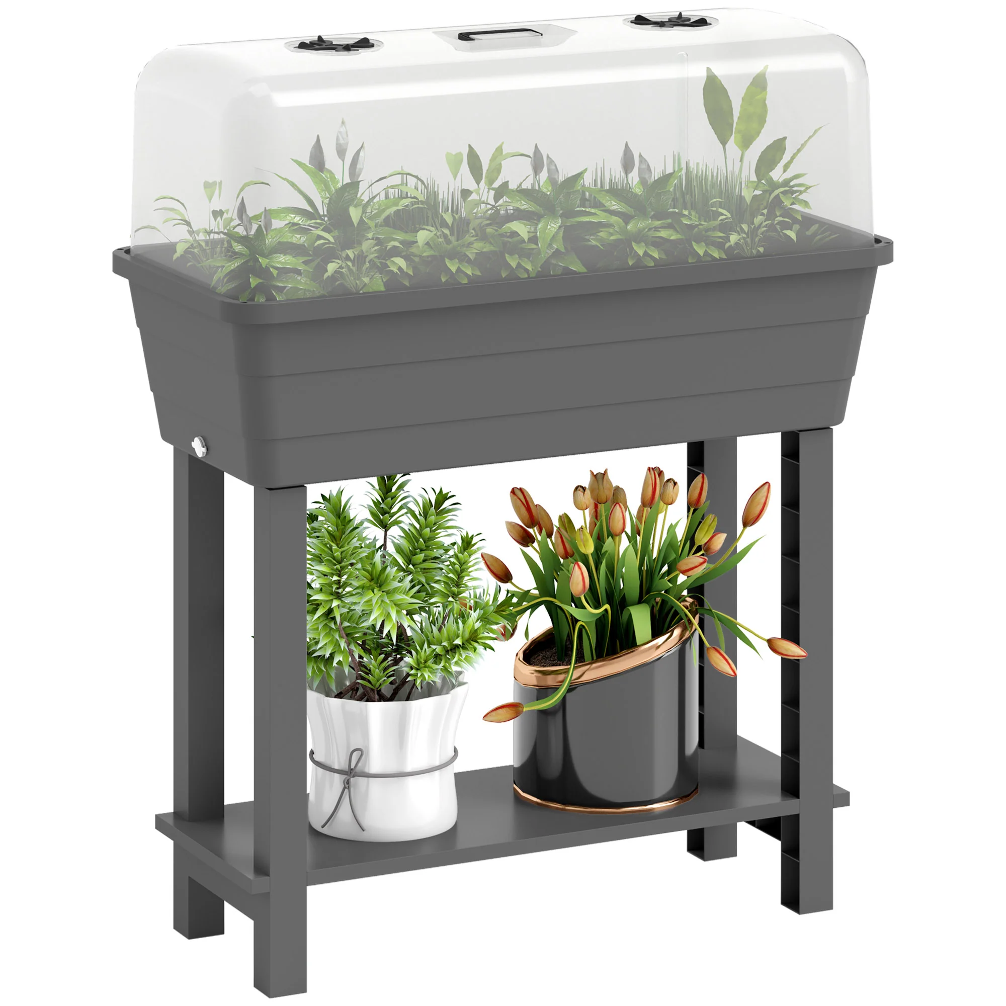 Self-Watering Raised Garden Bed with Ventilation Lid, Water Level Indicator, 29.5" x 14.2" x 36.2", Dark Grey
