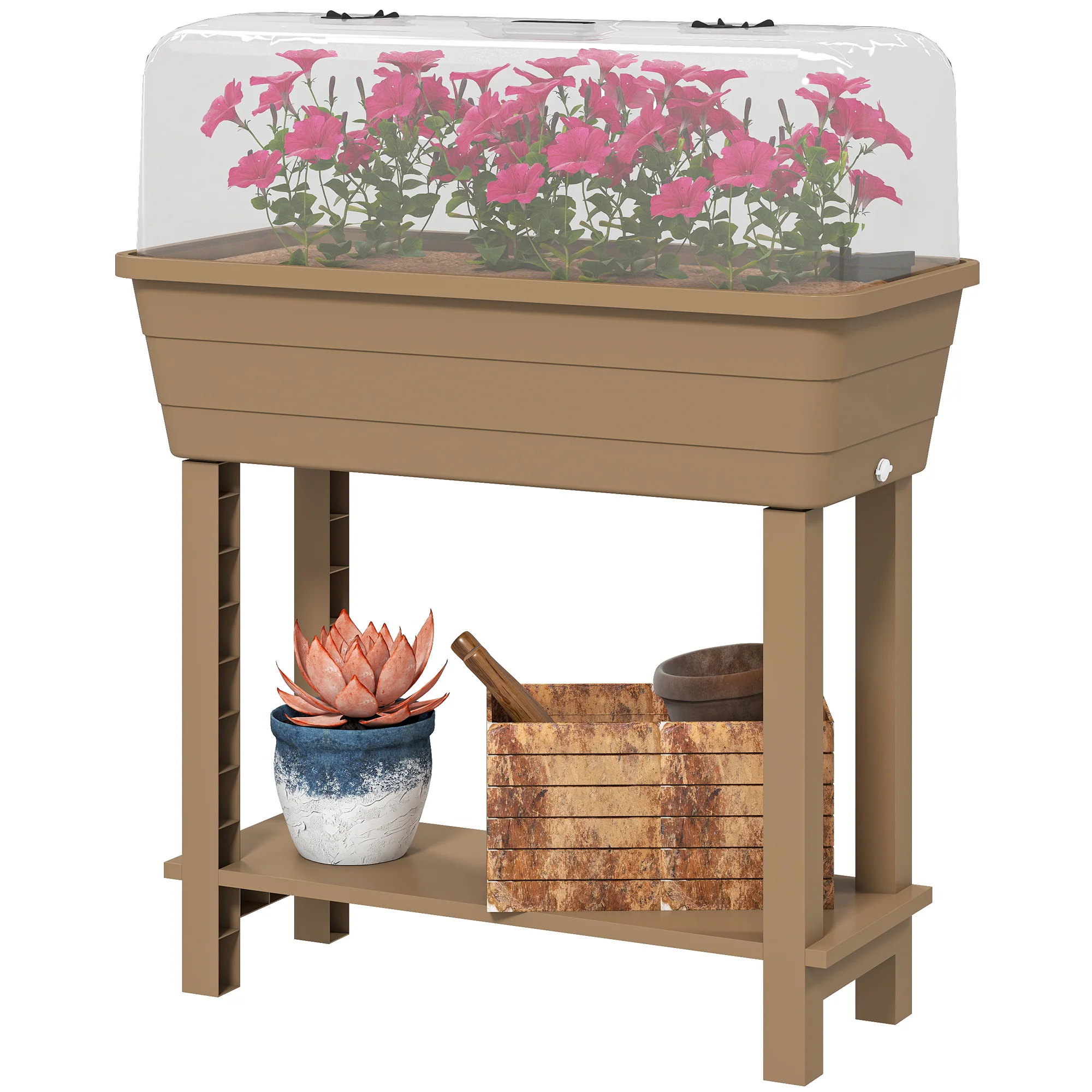 41L Self-Watering Raised Garden Bed with Lid and Shelf, Brown - Image 2